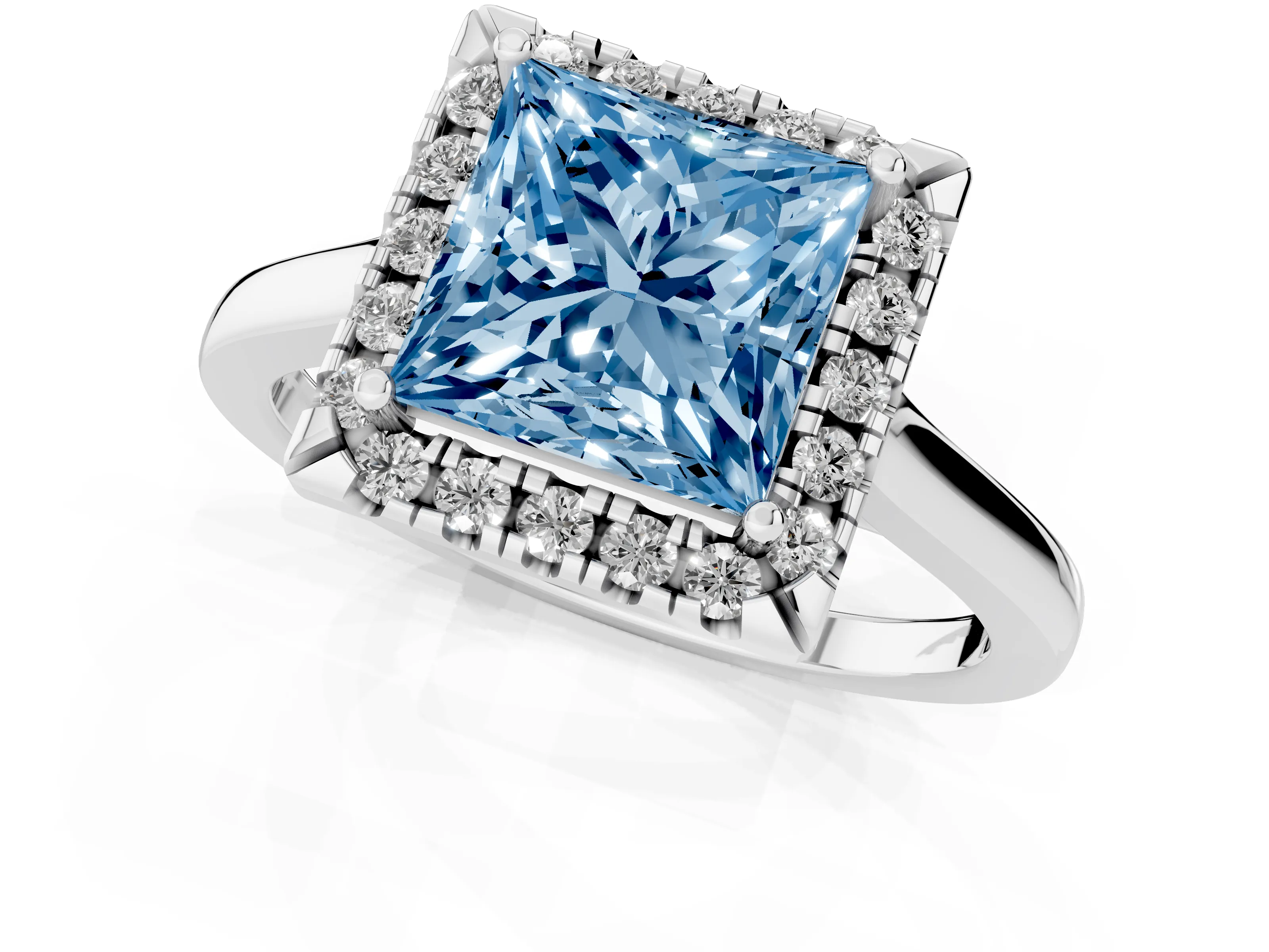 Fancy Blue Princess Cut Halo Round Diamond Solitaire Ring Set in Platinum with Pavé Band and Prong Setting