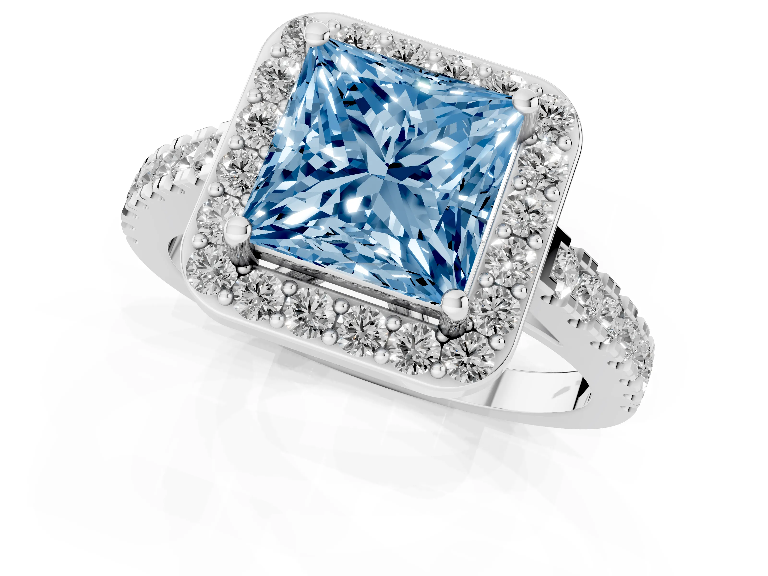 Fancy Blue Princess Cut Diamond Halo Ring Set in Platinum with Round Pavé Split Shank and Prong Setting