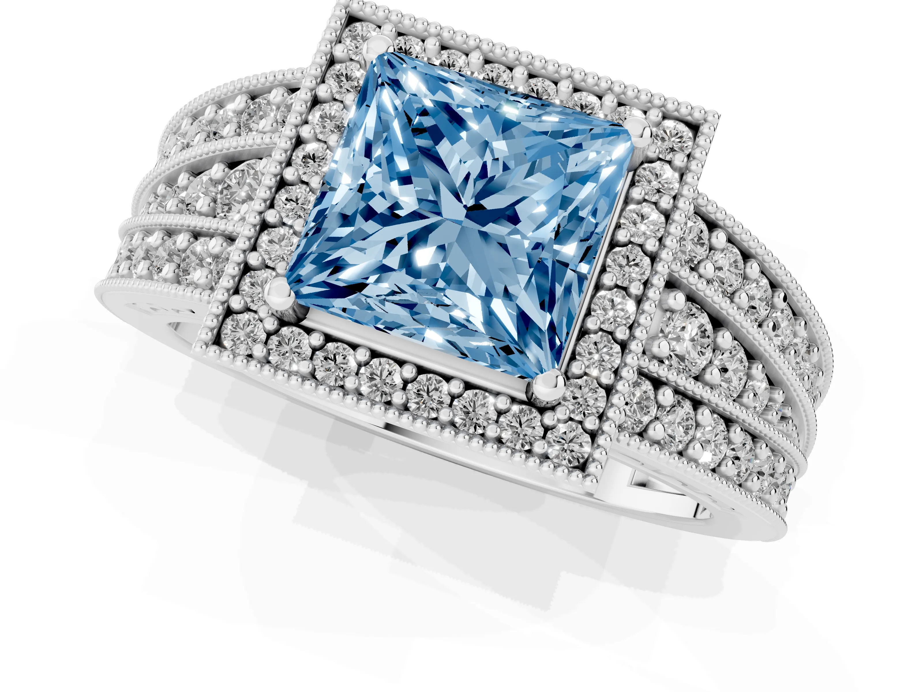 Fancy Blue Princess Cut Diamond Halo Ring Set in White gold with Accent Split Shank and Prong Setting