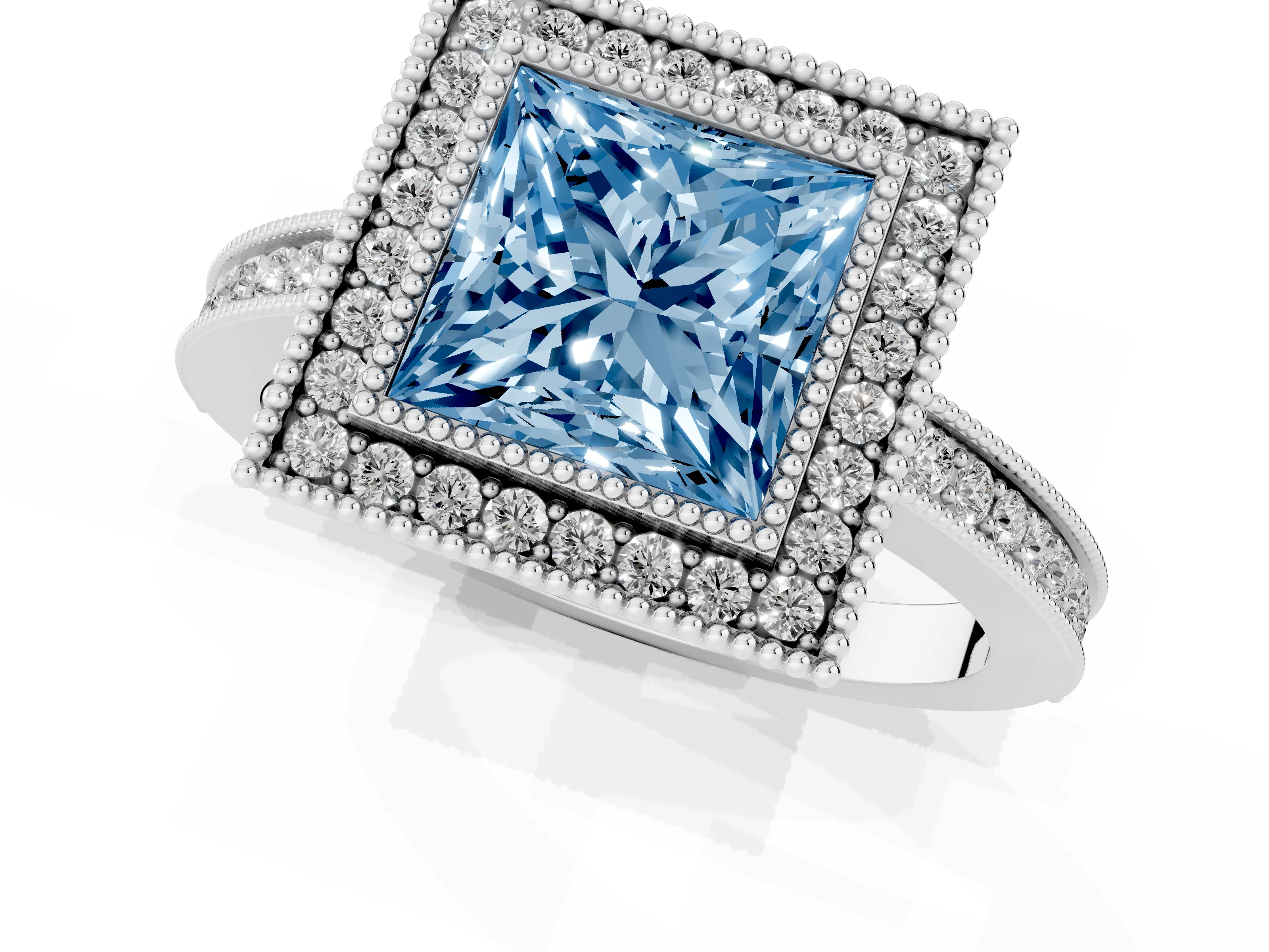 Fancy Blue Princess Cut Diamond Halo Ring Set in Silver with Pavé Band and Milgrain-Edged Prongs