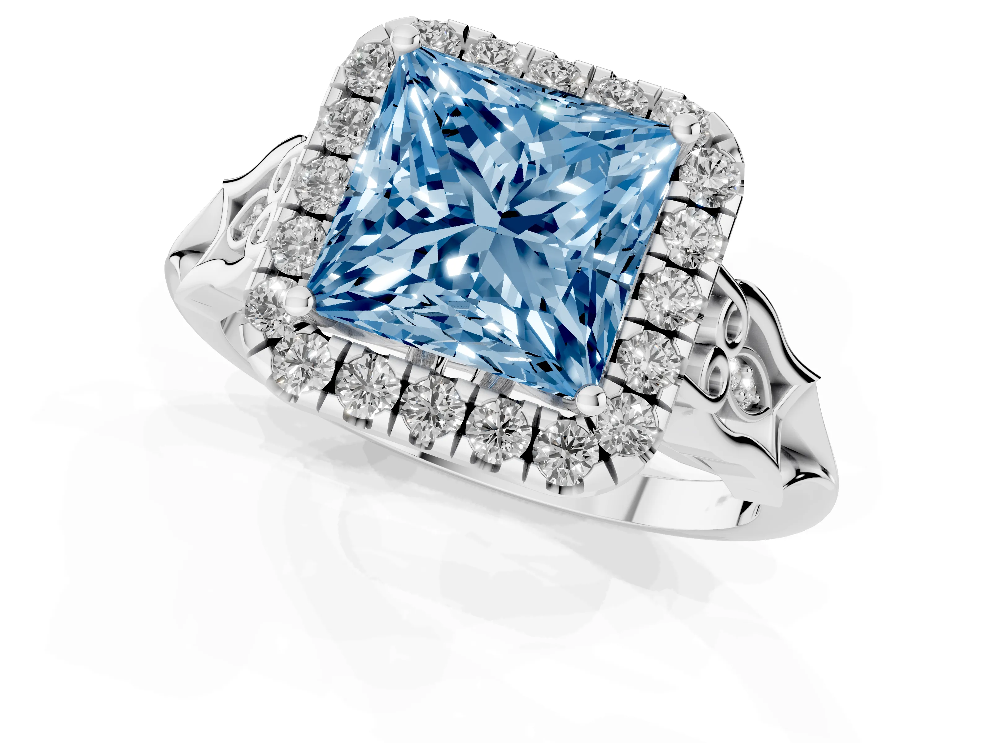 Fancy Blue Princess Cut Diamond Halo Engagement Ring Set in White gold with Filigree Band and Prong-Set Center