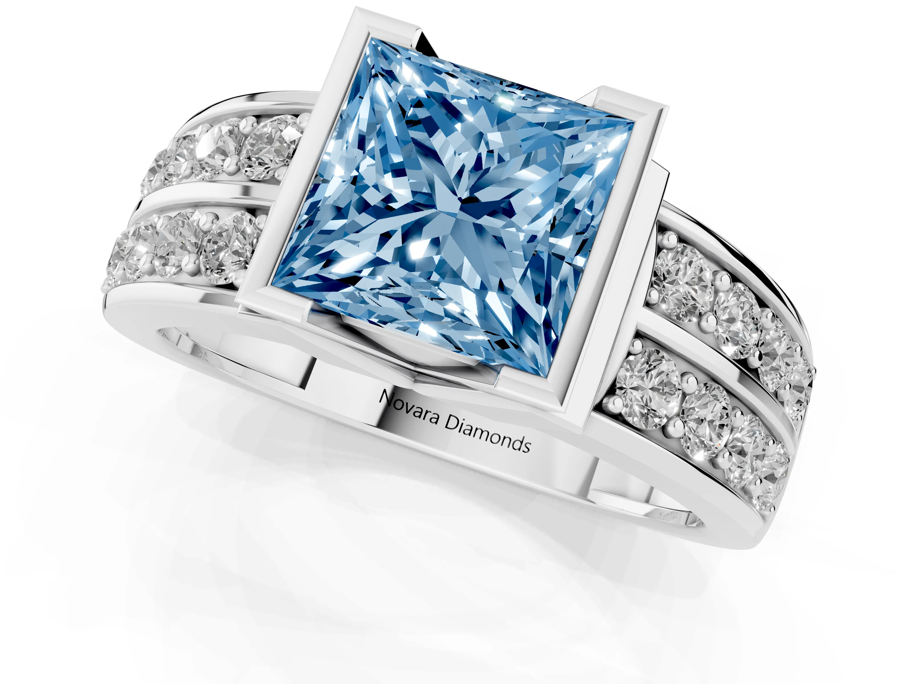 Fancy Blue Princess Cut Diamond Wide Channel Set Band Ring Set in White gold with Bezel Setting
