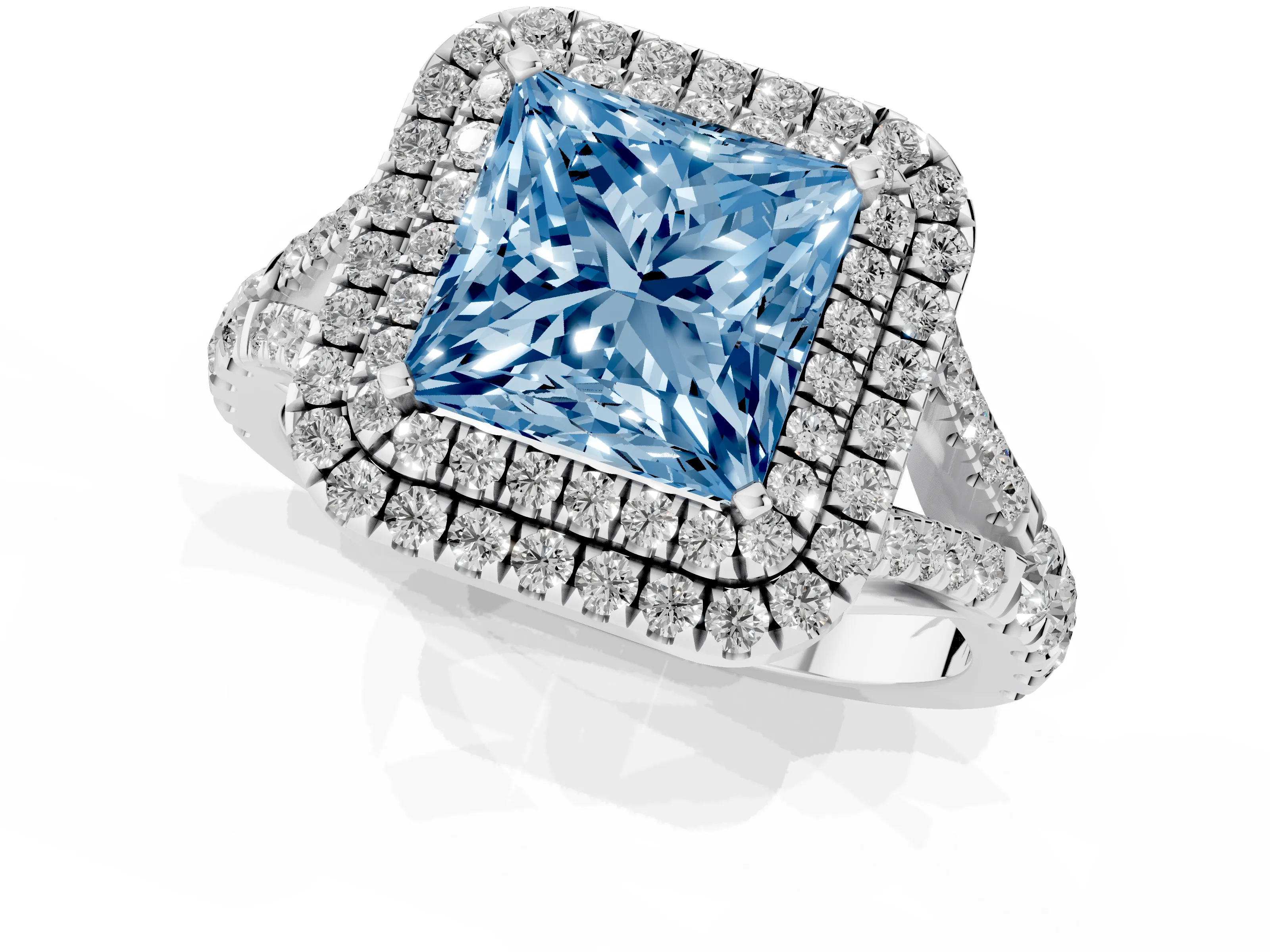 Fancy Blue Princess Cut Diamond Pavé Split Shank Double Halo Engagement Ring Set in Platinum