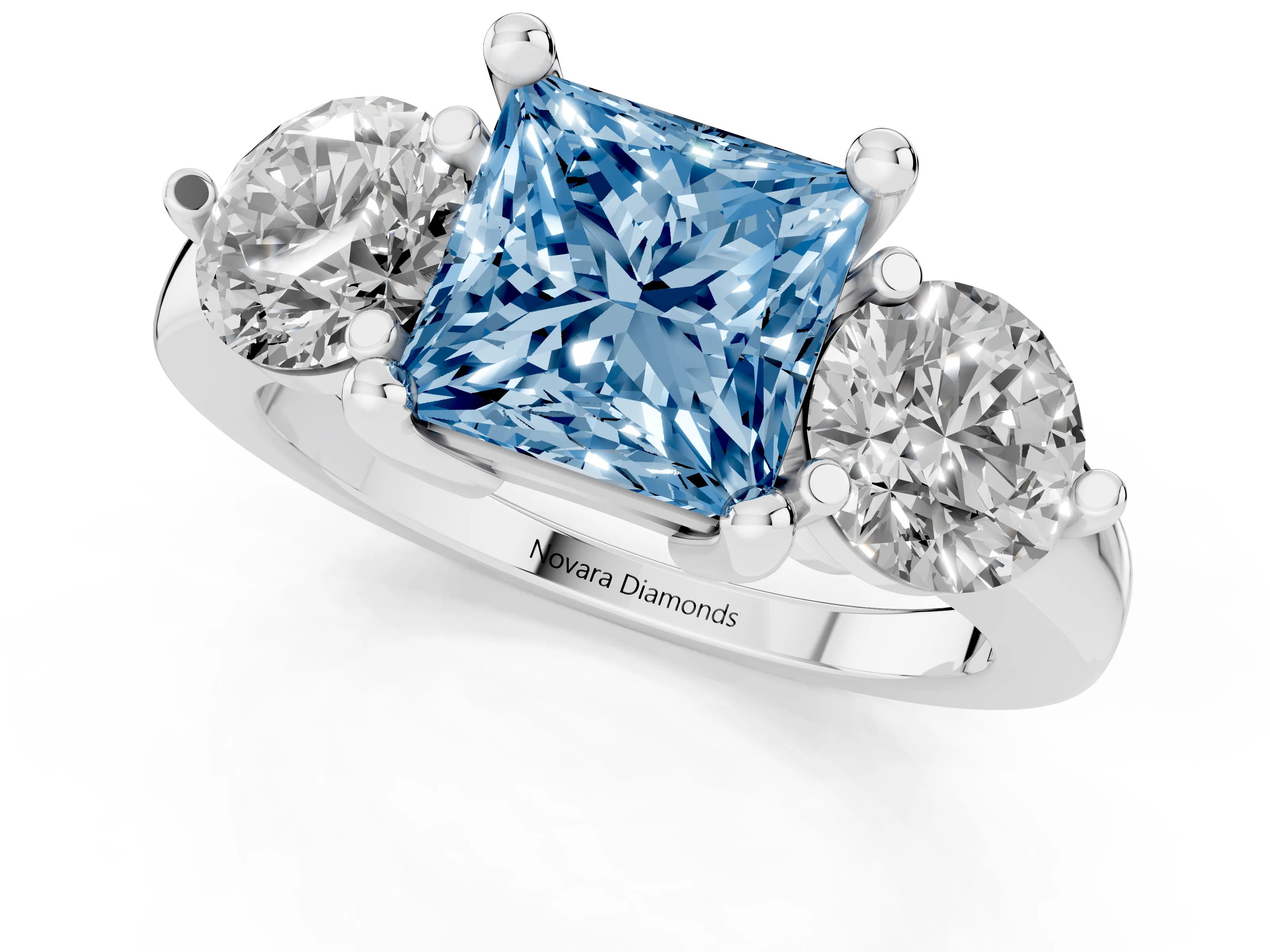 Fancy Blue Princess Cut Diamond Three-Stone Ring Set in Platinum with Prong Setting and Classic Band