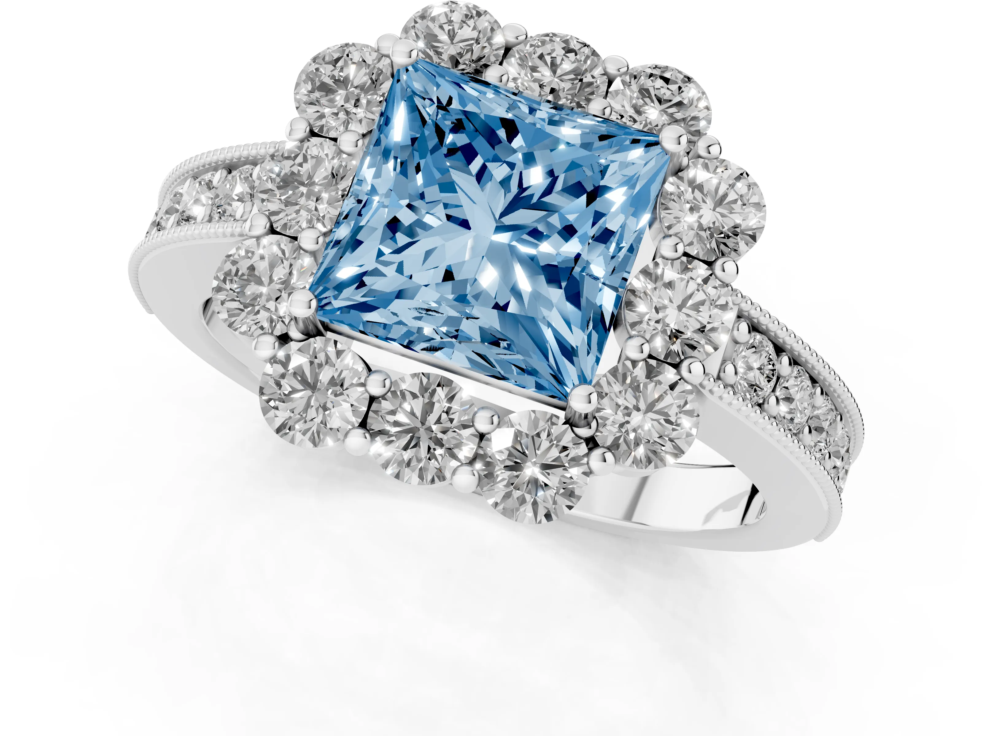 Fancy Blue Princess Cut Diamond Halo Pavé Engagement Ring Set in Platinum with Milgrain Detailing