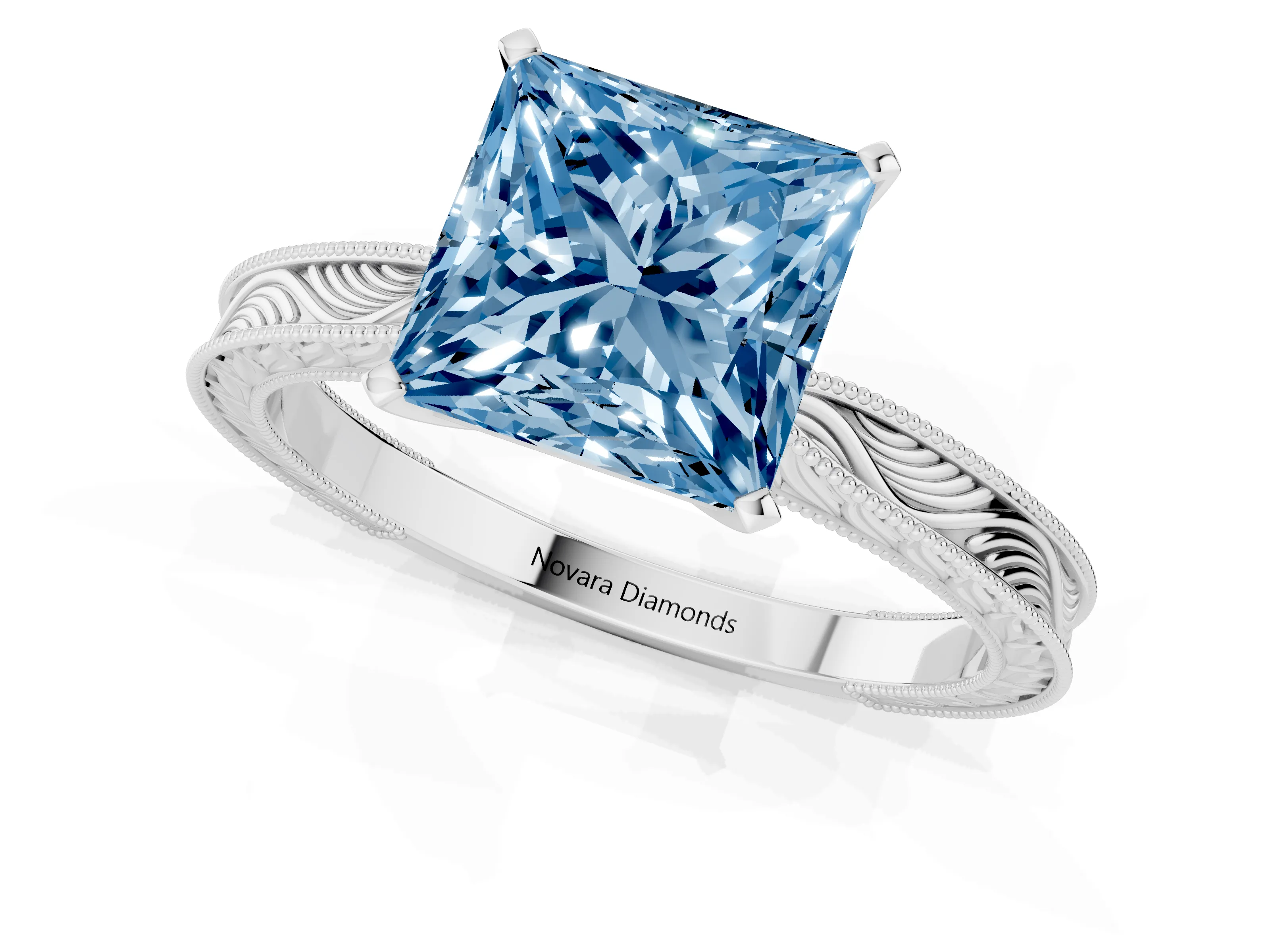 Fancy Blue Princess Cut Diamond Solitaire Milgrain Engraved Band Set in Platinum with Prong Setting
