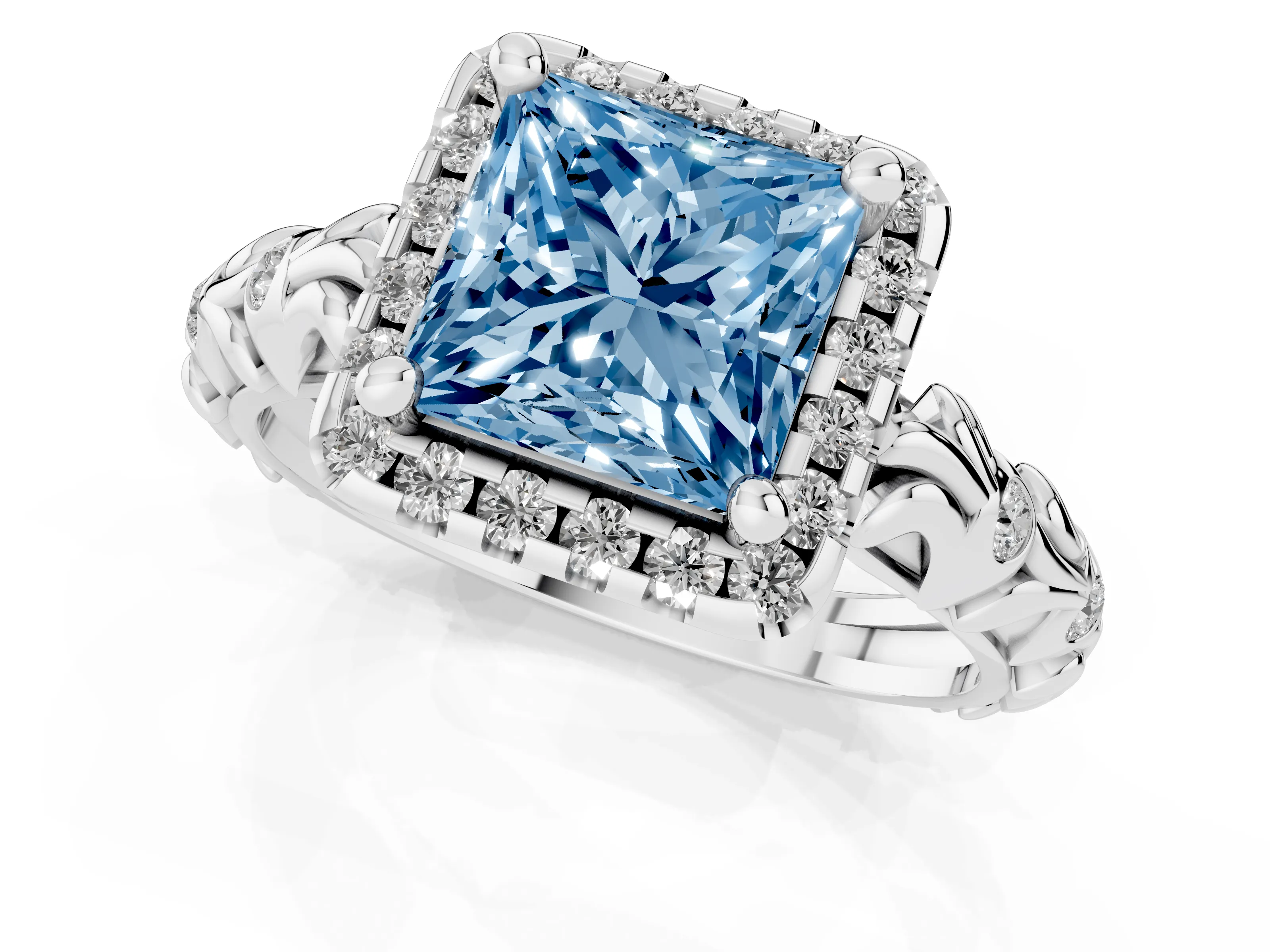 Fancy Blue Princess Cut Diamond Halo Ring Set in Silver with Filigree Leaf Band and Prong Setting