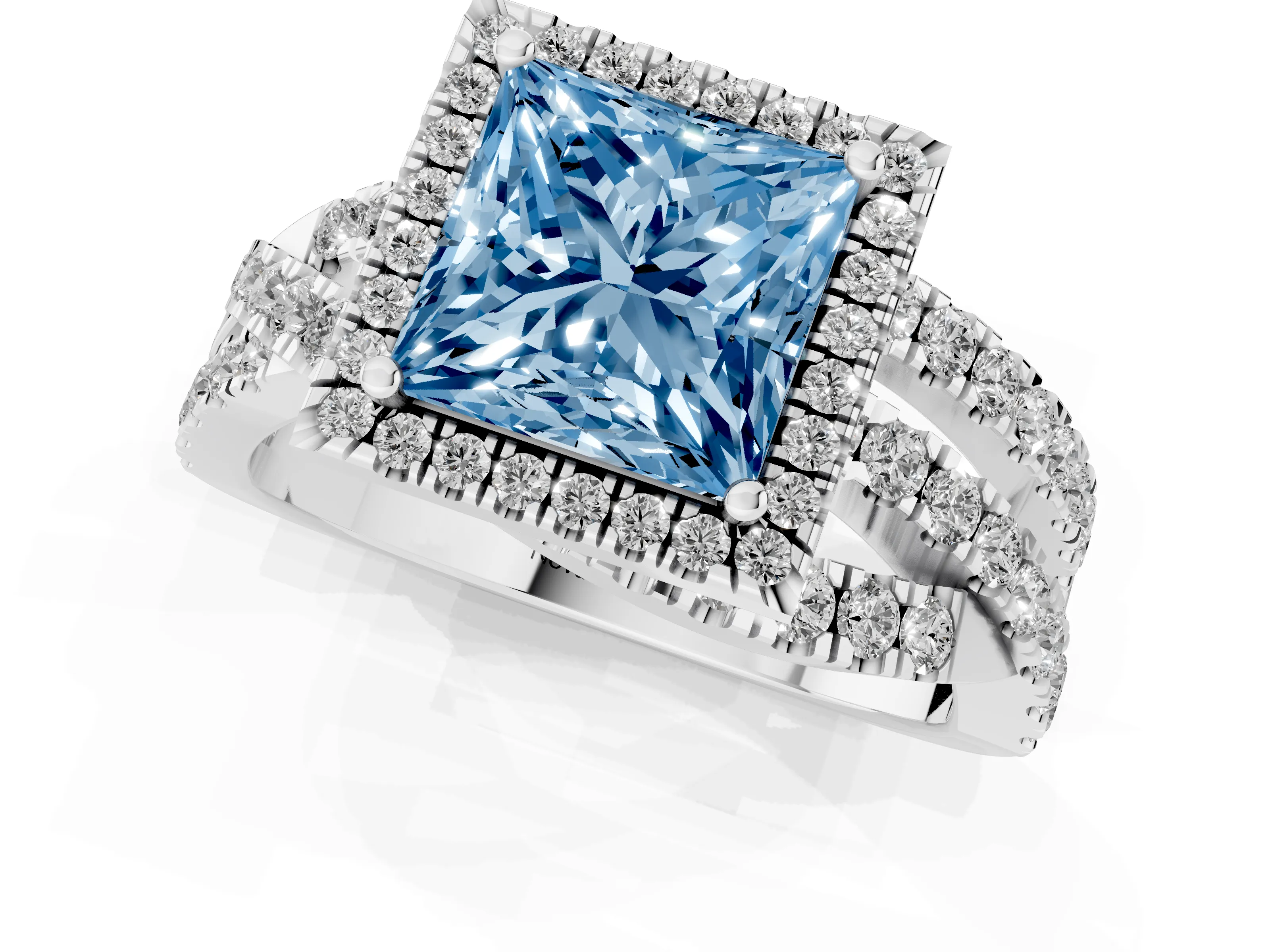 Fancy Blue Princess Cut Diamond Halo Ring Set in Platinum with Round Crossover Split Shank and Prong Setting