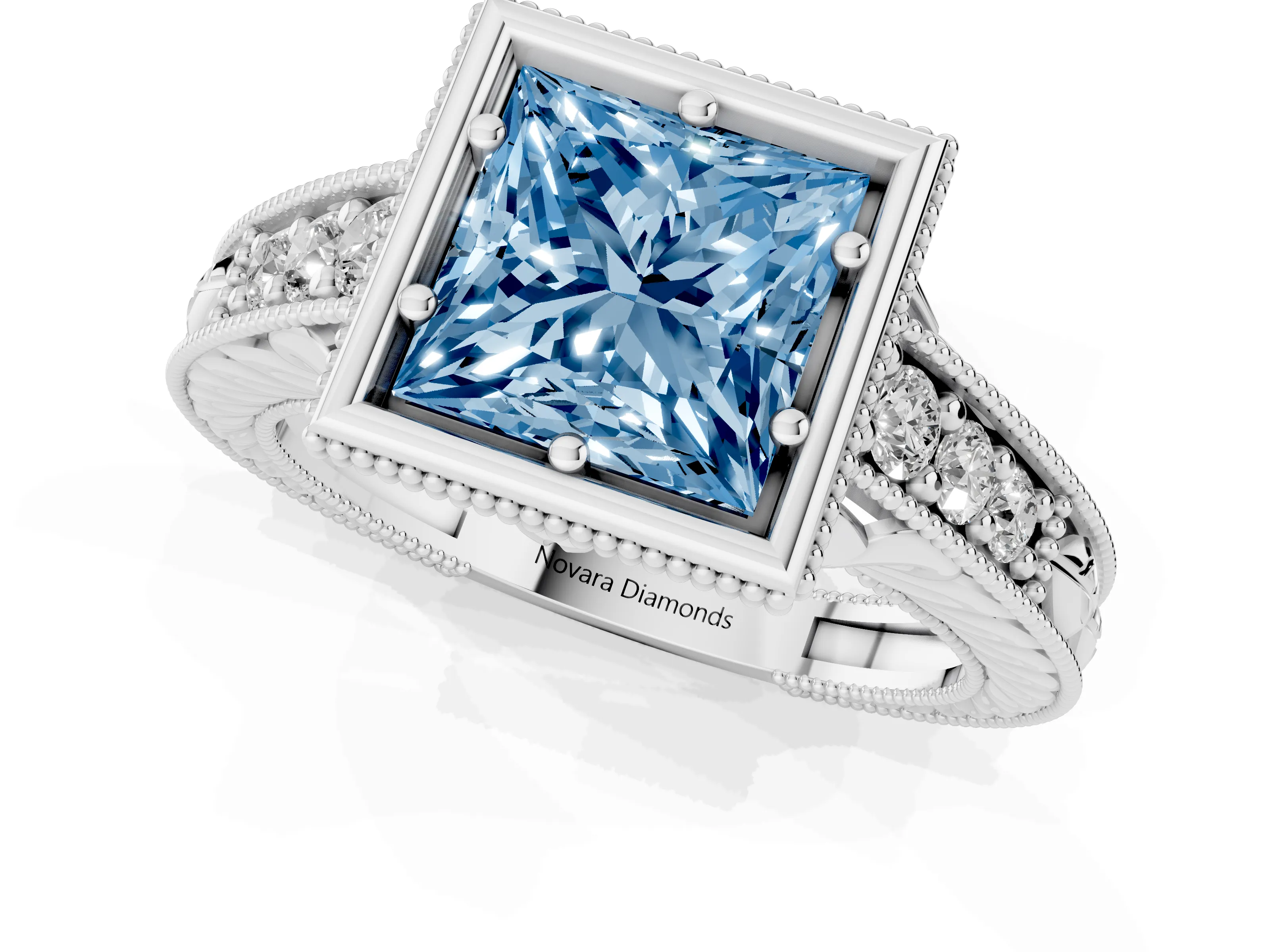 Fancy Blue Bezel Set Princess Cut Diamond Milgrain Pavé Engagement Ring Set in White gold