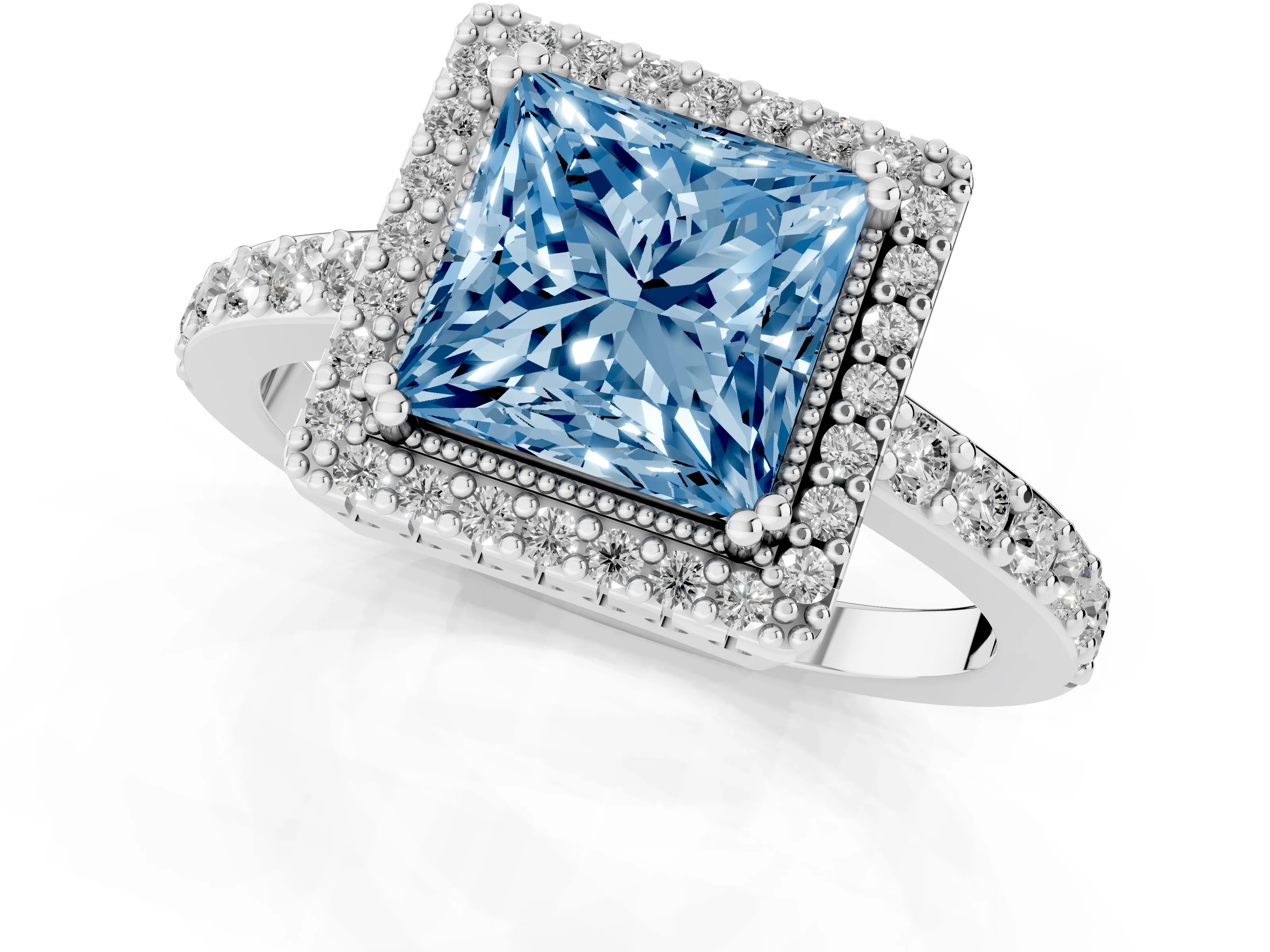 Fancy Blue Princess Cut Diamond Halo Engagement Ring Set in White gold with Milgrain Detail and Pavé Band