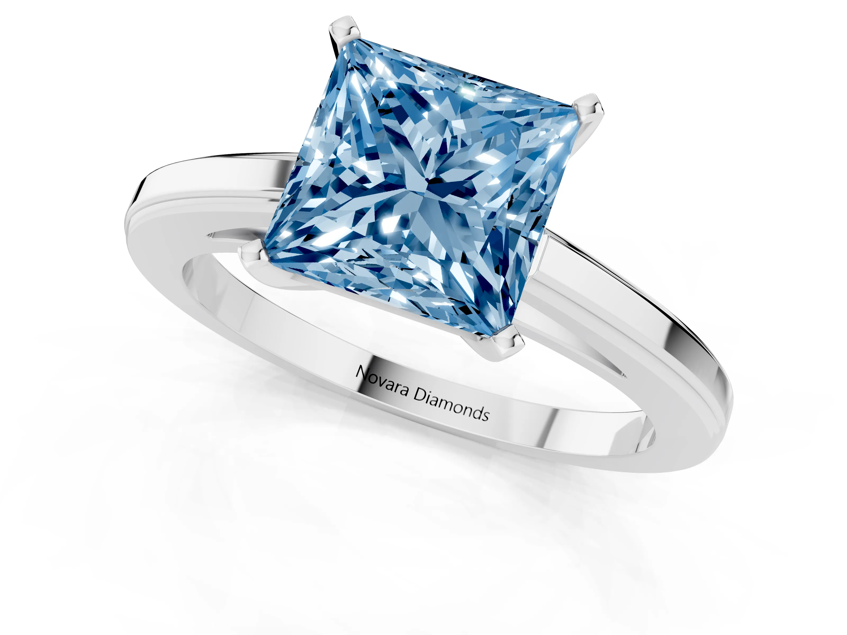 Fancy Blue Princess Cut Diamond Solitaire Ring Set in Silver with Prong Setting and Classic Band