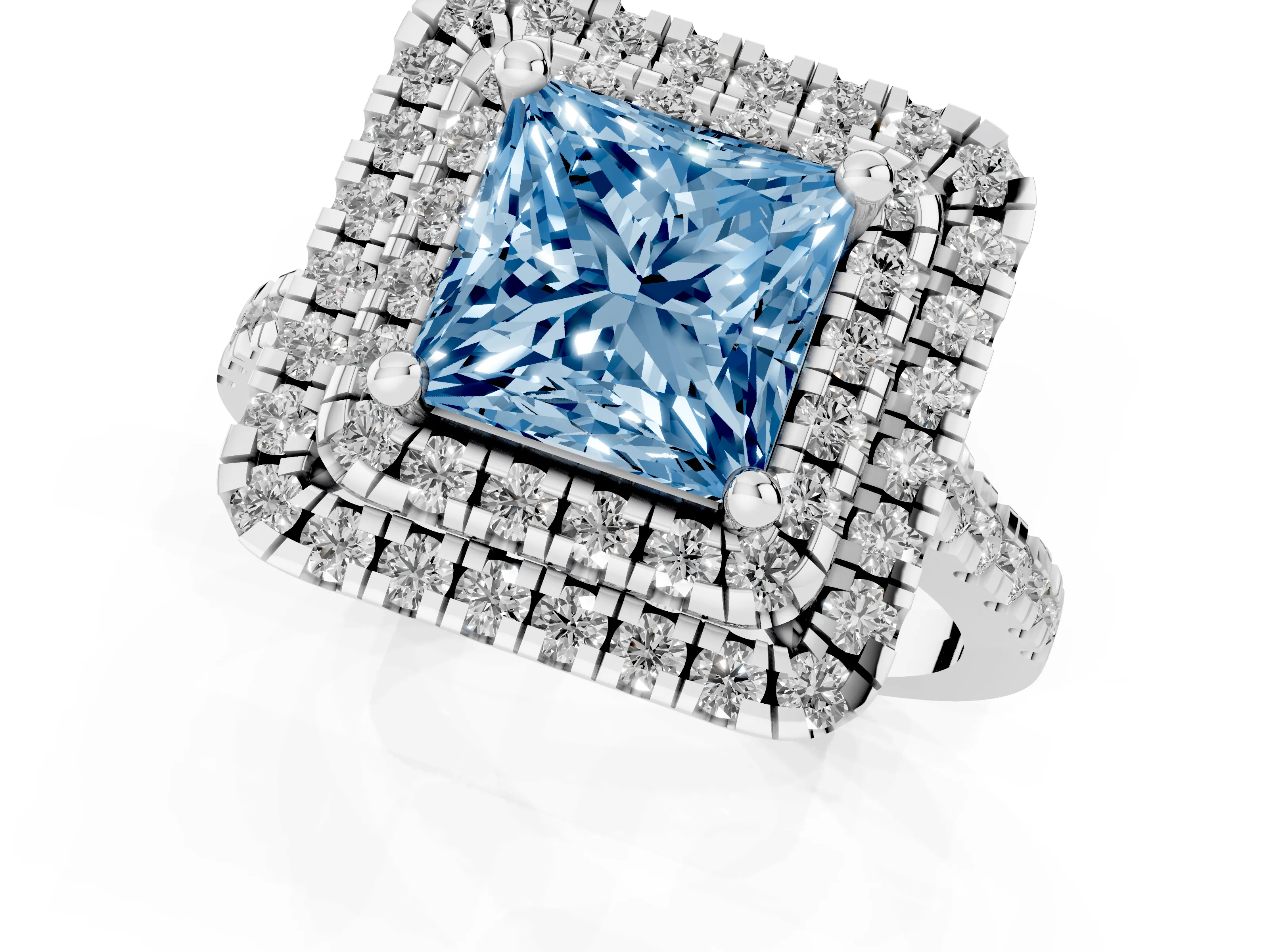 Fancy Blue Princess Cut Diamond Double Halo Statement Ring Set in White gold with Pavé Band