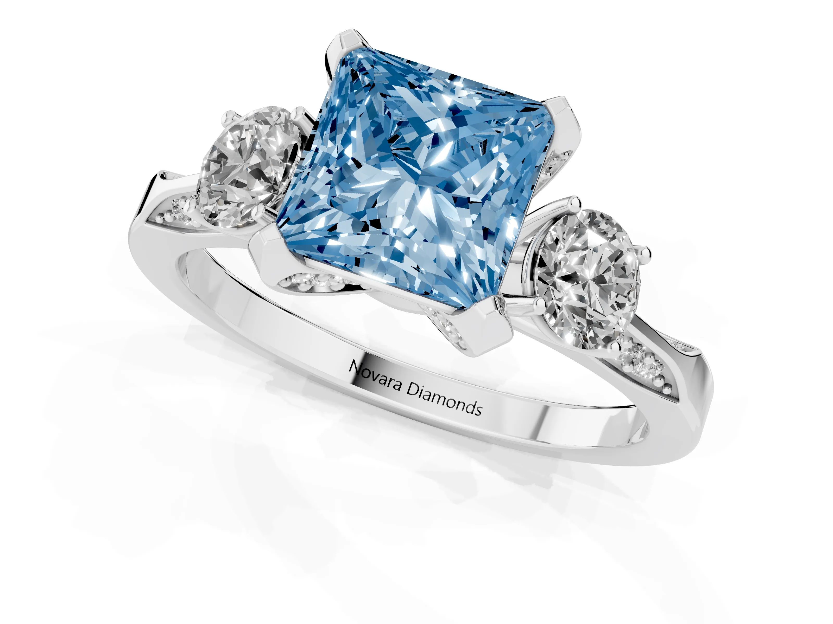 Fancy Blue Princess Cut Diamond Three-Stone Ring Set in White gold with Pavé Band and Smaller Side Stones – second view