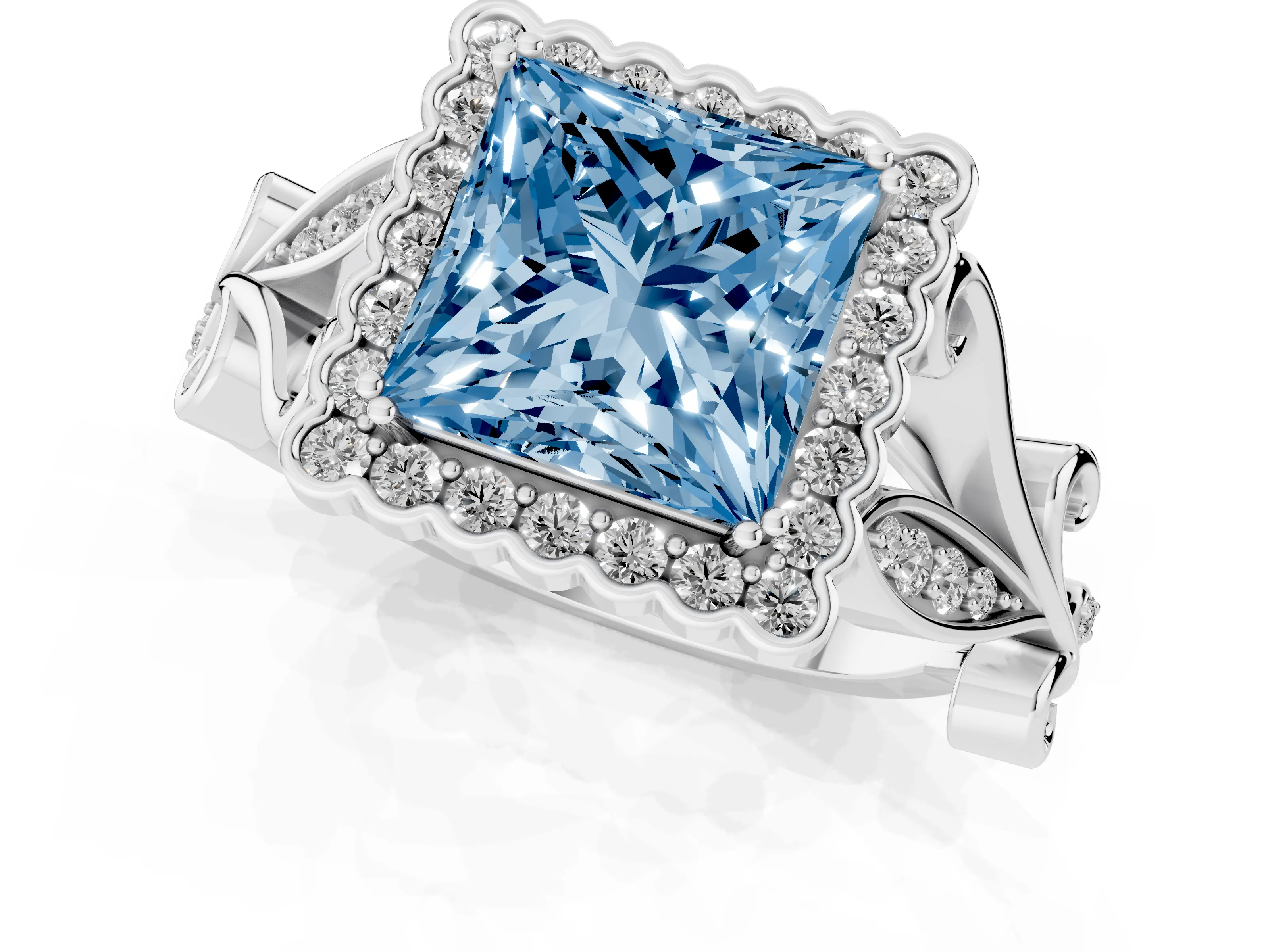 Fancy Blue Princess Cut Diamond Halo Ring Set in White gold with Leaf Motif Split Shank and Prong Setting