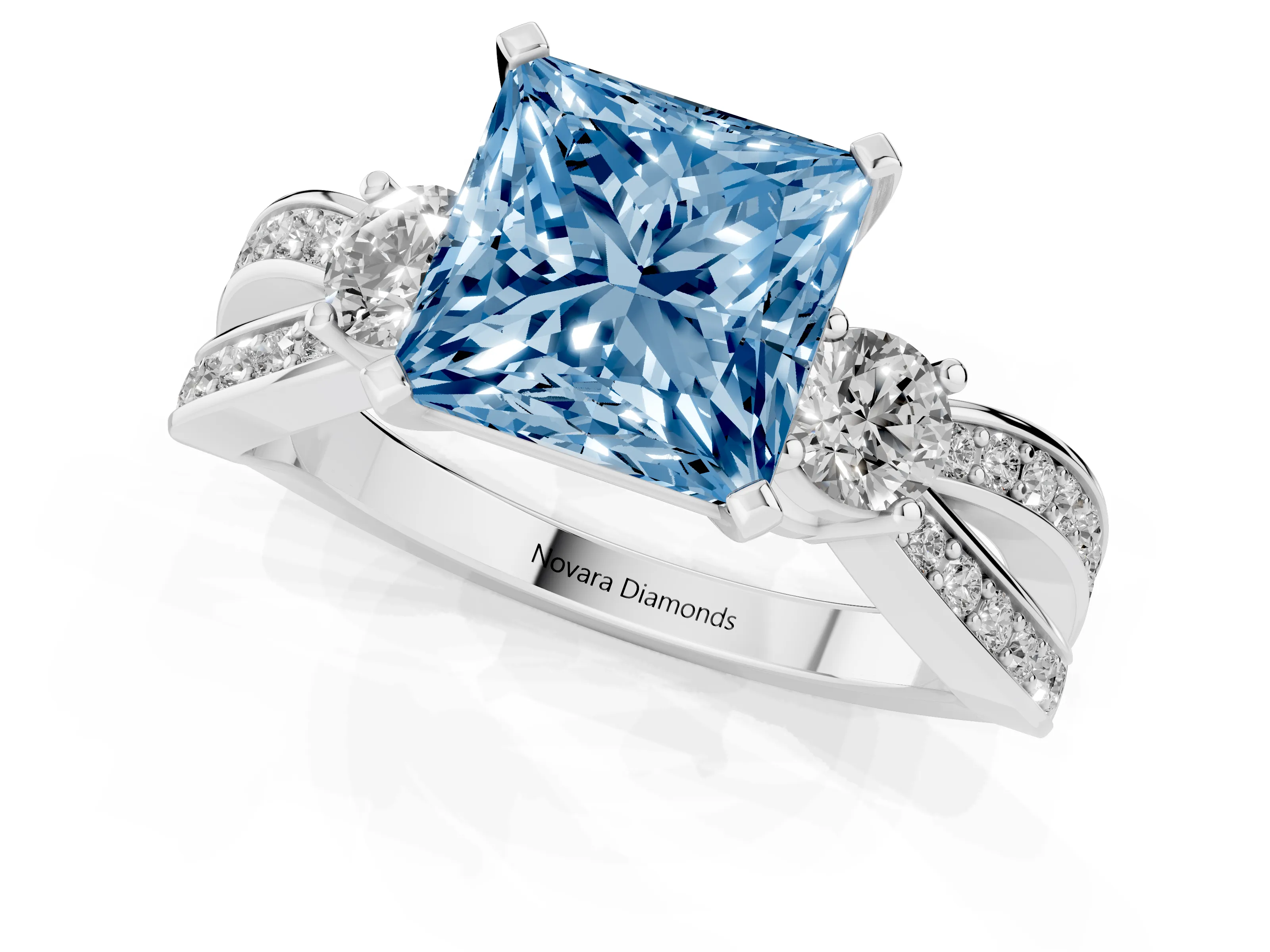 Fancy Blue Three-Stone Princess Cut Diamond Twist Band Ring Set in Silver with Pavé Accents and Prong Setting
