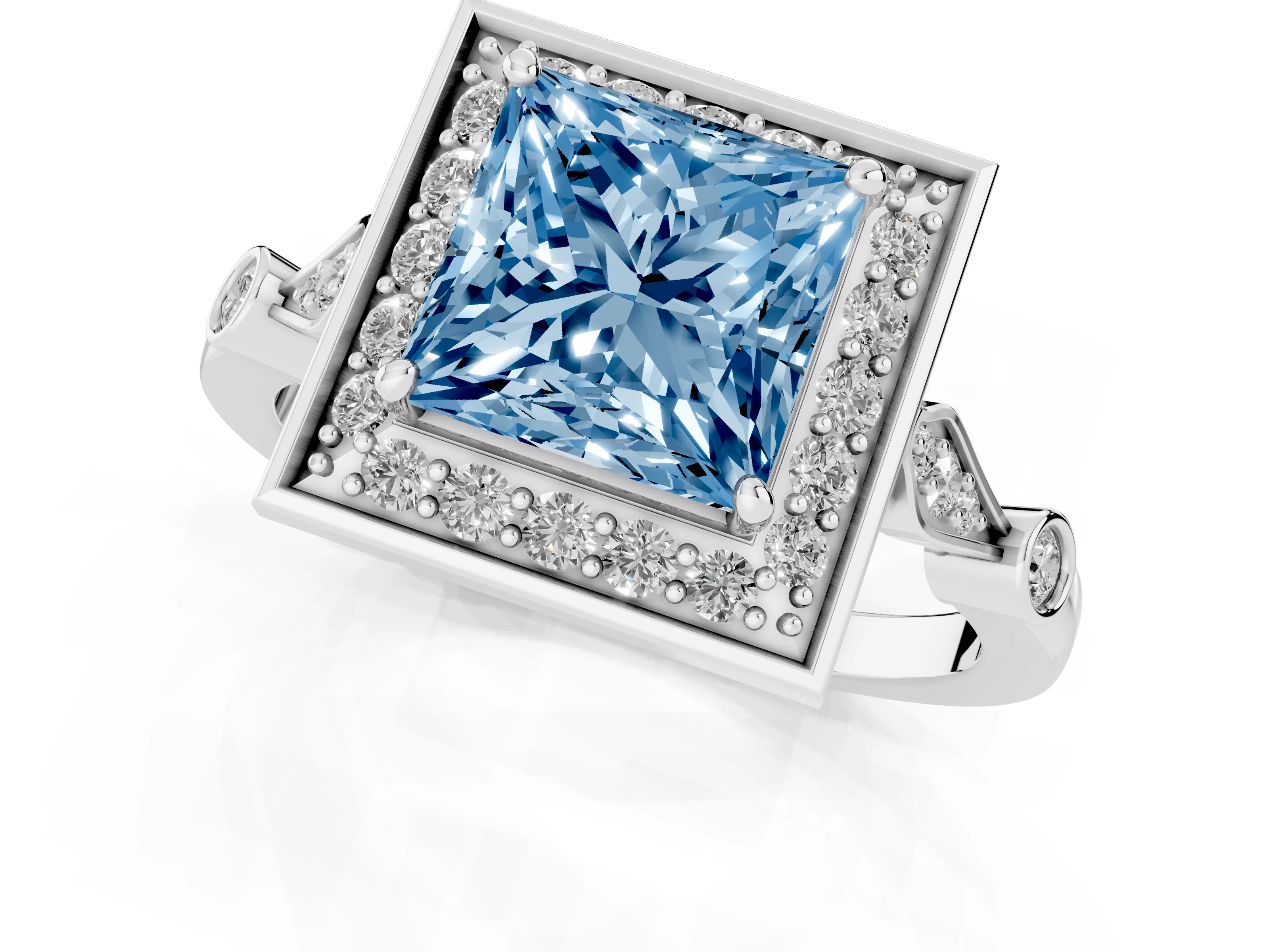 Fancy Blue Princess Cut Diamond Halo Engagement Ring Set in Platinum with Twisted Band and Prong Setting – second view
