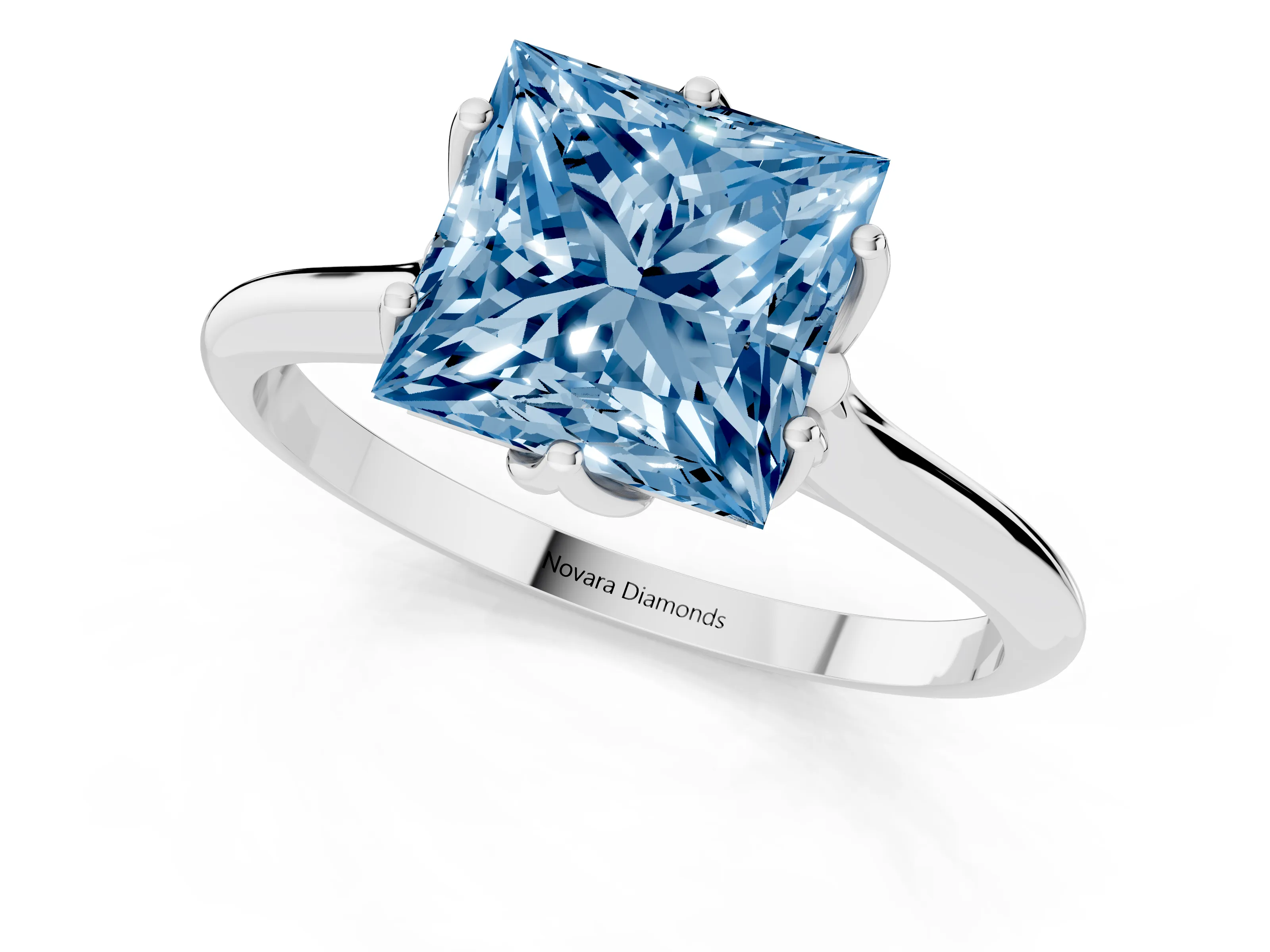 Fancy Blue Princess Cut Diamond Solitaire Cathedral Ring Set in Silver with Prong Setting