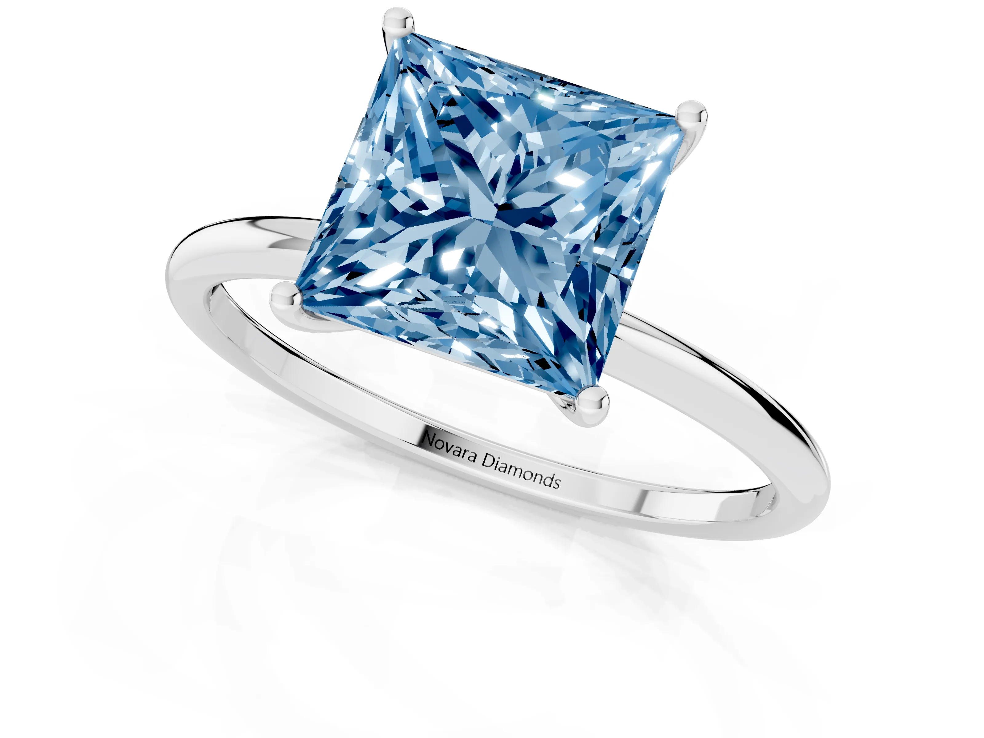 Fancy Blue Princess Cut Diamond Solitaire Engagement Ring Set in Platinum with Thin Band and Prong Setting – second view