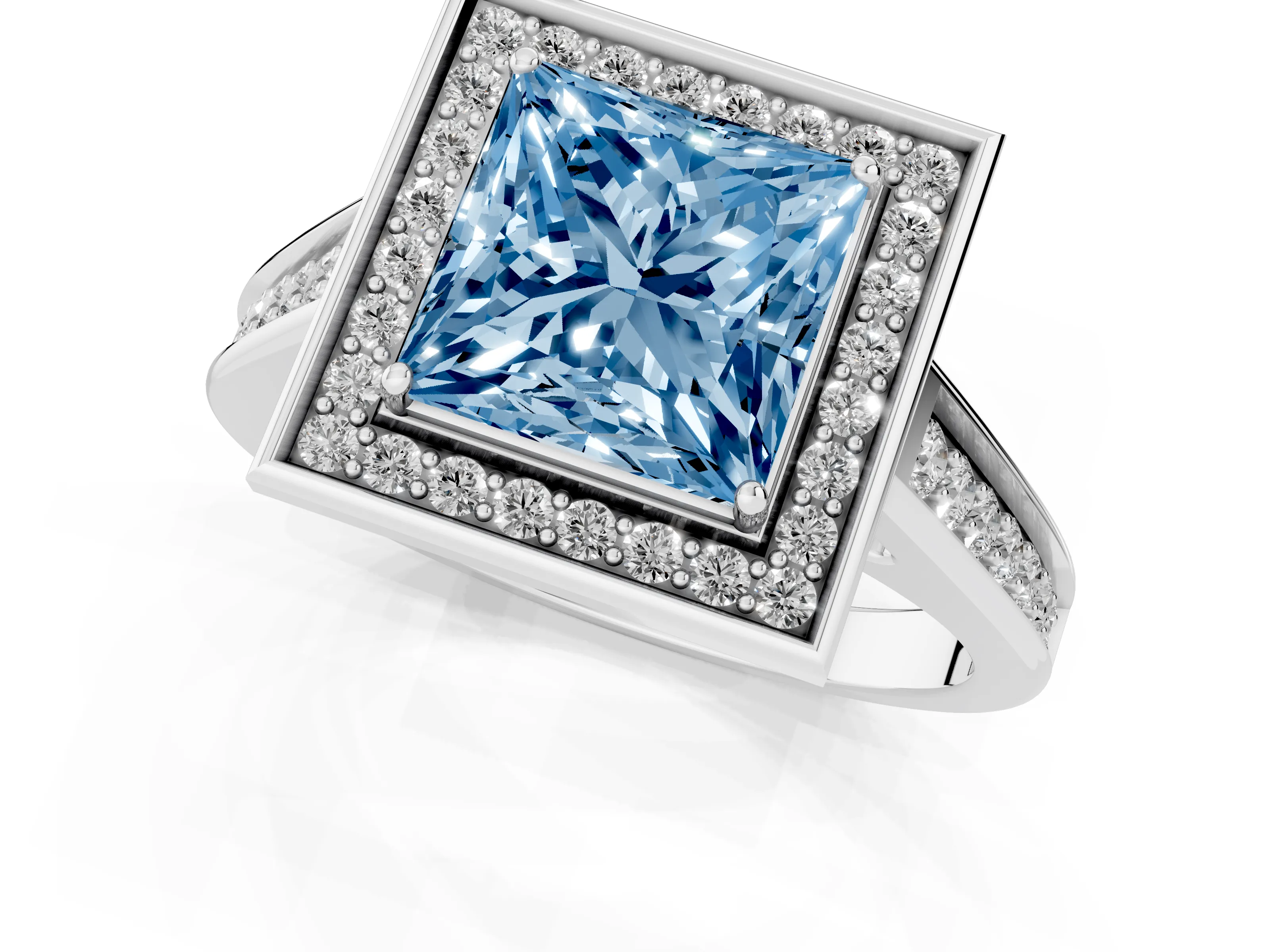 Fancy Blue Princess Cut Diamond Halo Solitaire Ring Set in Platinum with Pavé Band and Bezel Setting