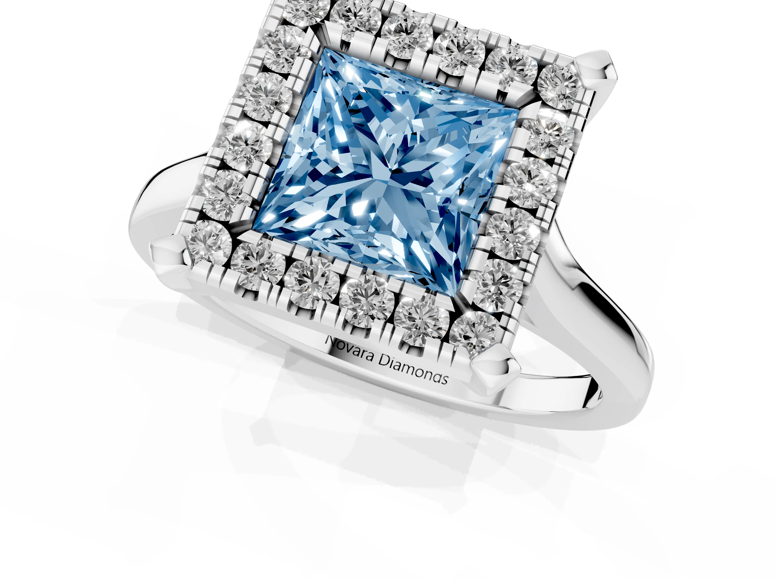 Fancy Blue Princess Cut Diamond Cluster Halo Solitaire Ring Set in Silver with Prong Setting