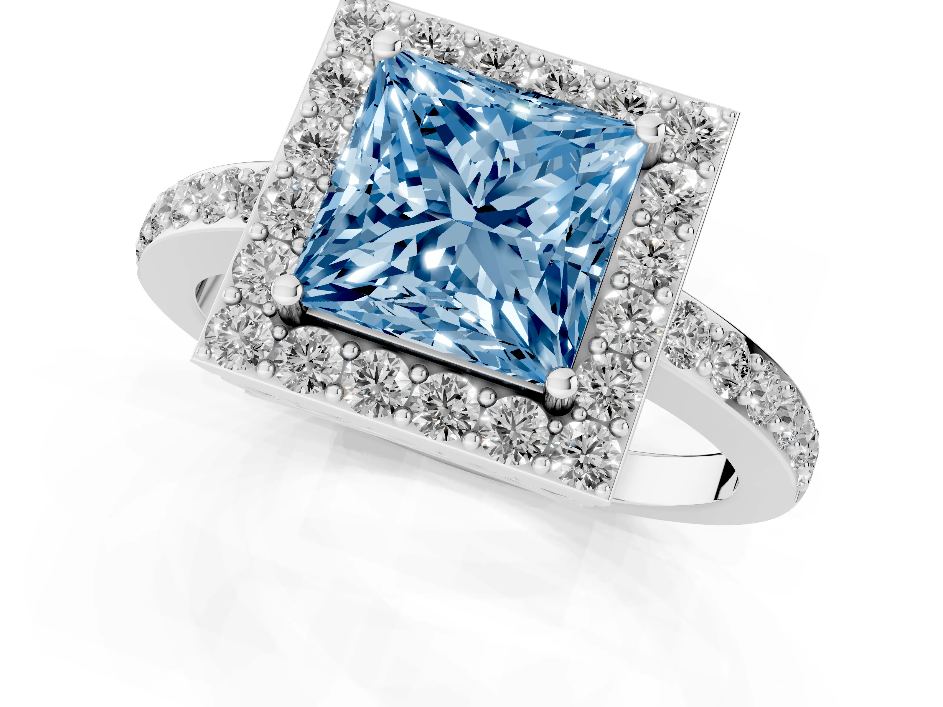 Fancy Blue Princess Cut Diamond Halo Ring Set in Silver with Pavé-Setting Band and Open Prong Center