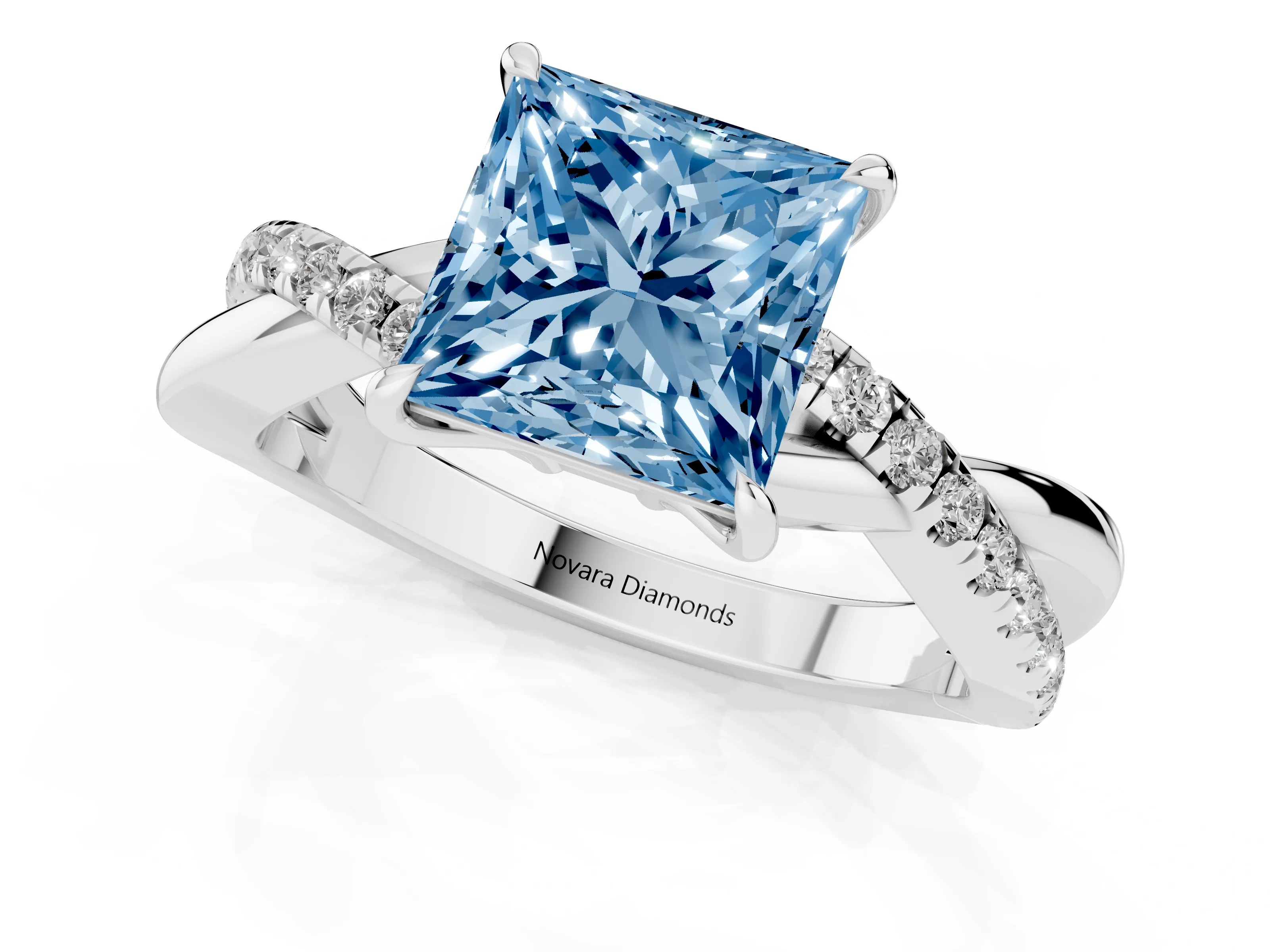Fancy Blue Princess Cut Diamond Twisted Pavé Band Ring Set in Silver with Prong Setting