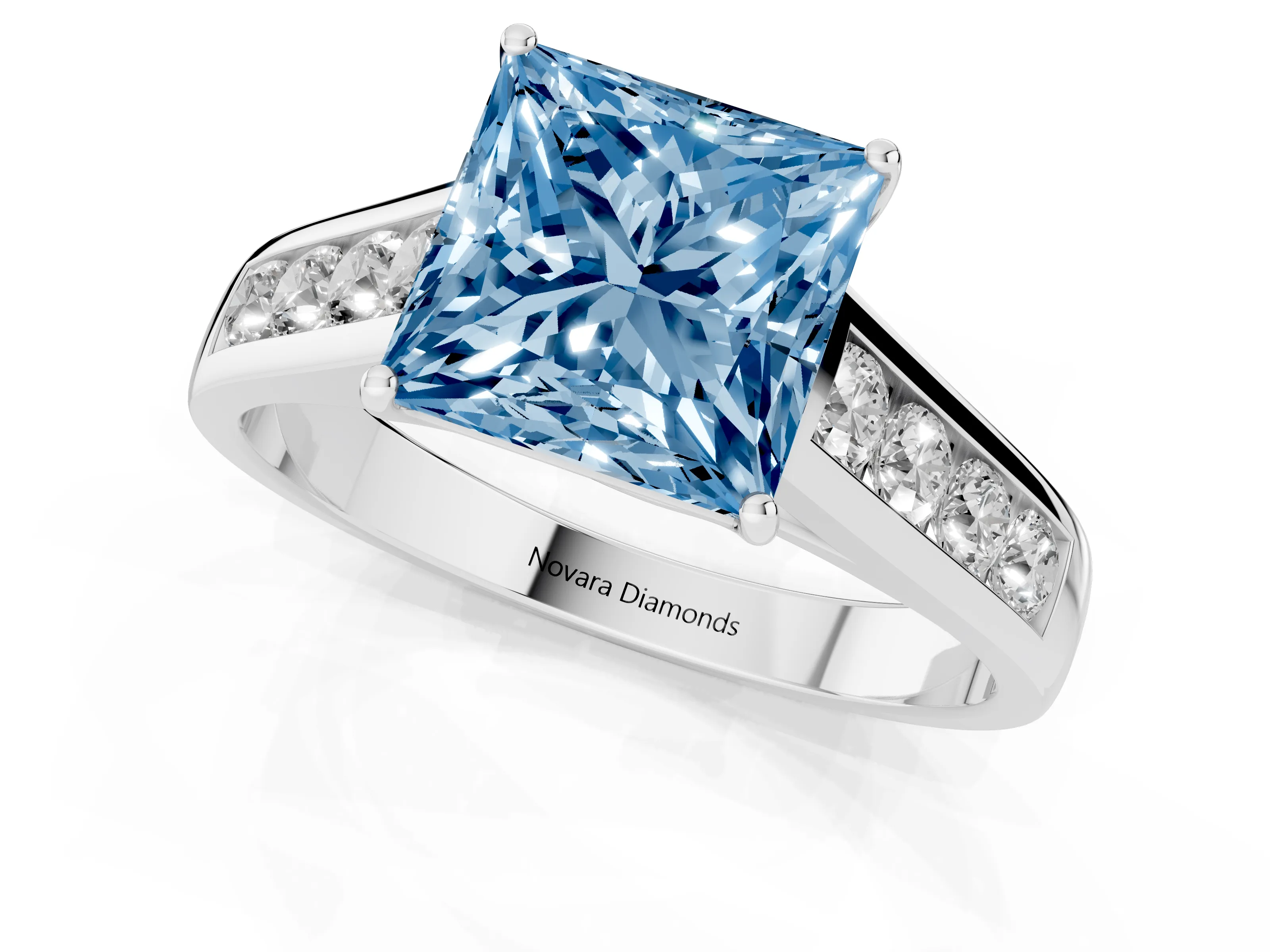 Fancy Blue Princess Cut Diamond Solitaire Channel-Set Engagement Ring Set in Silver with Prong Setting