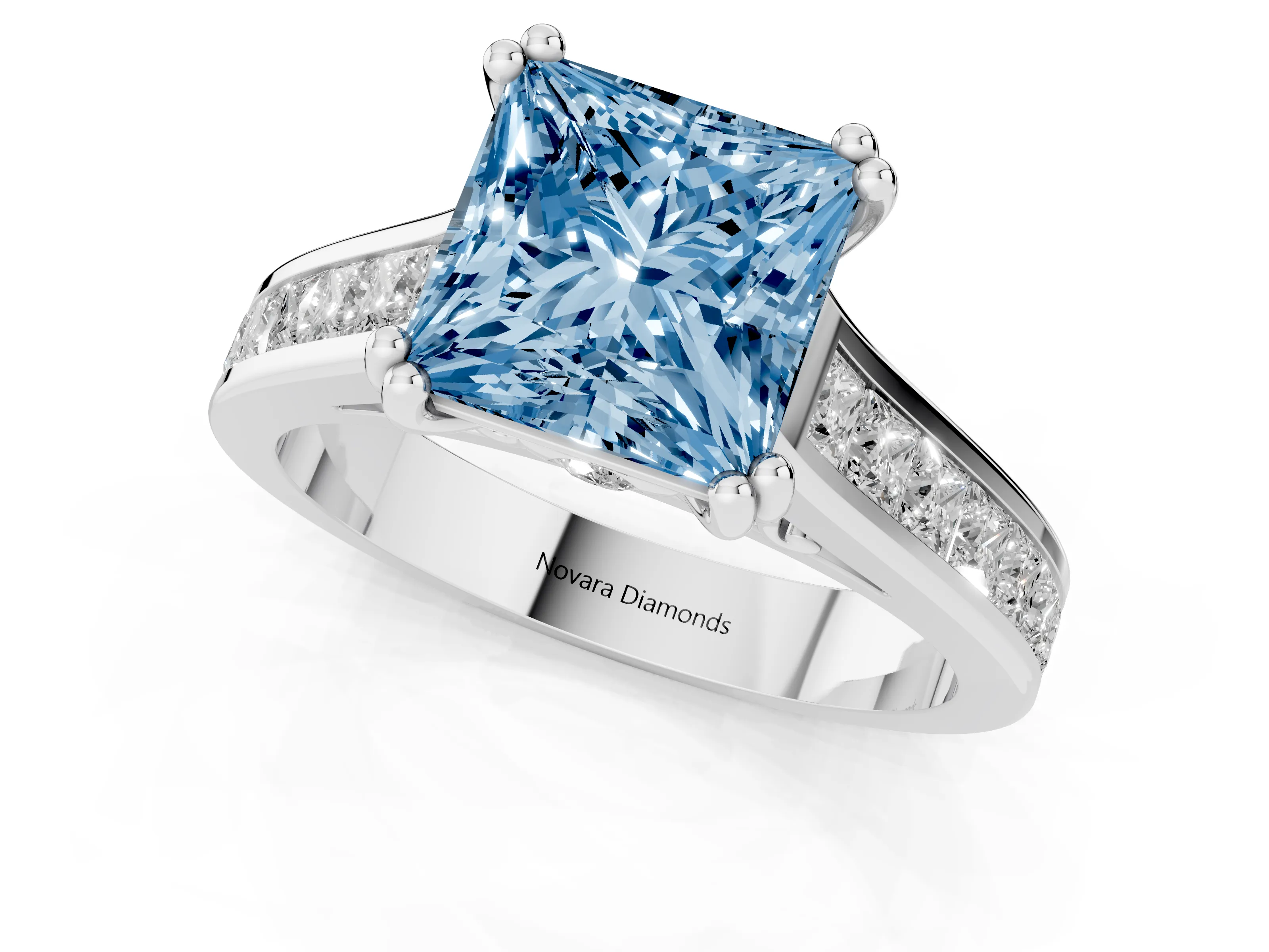 Fancy Blue Princess Cut Diamond Channel Set Solitaire Engagement Ring Set in White gold with Prong Setting