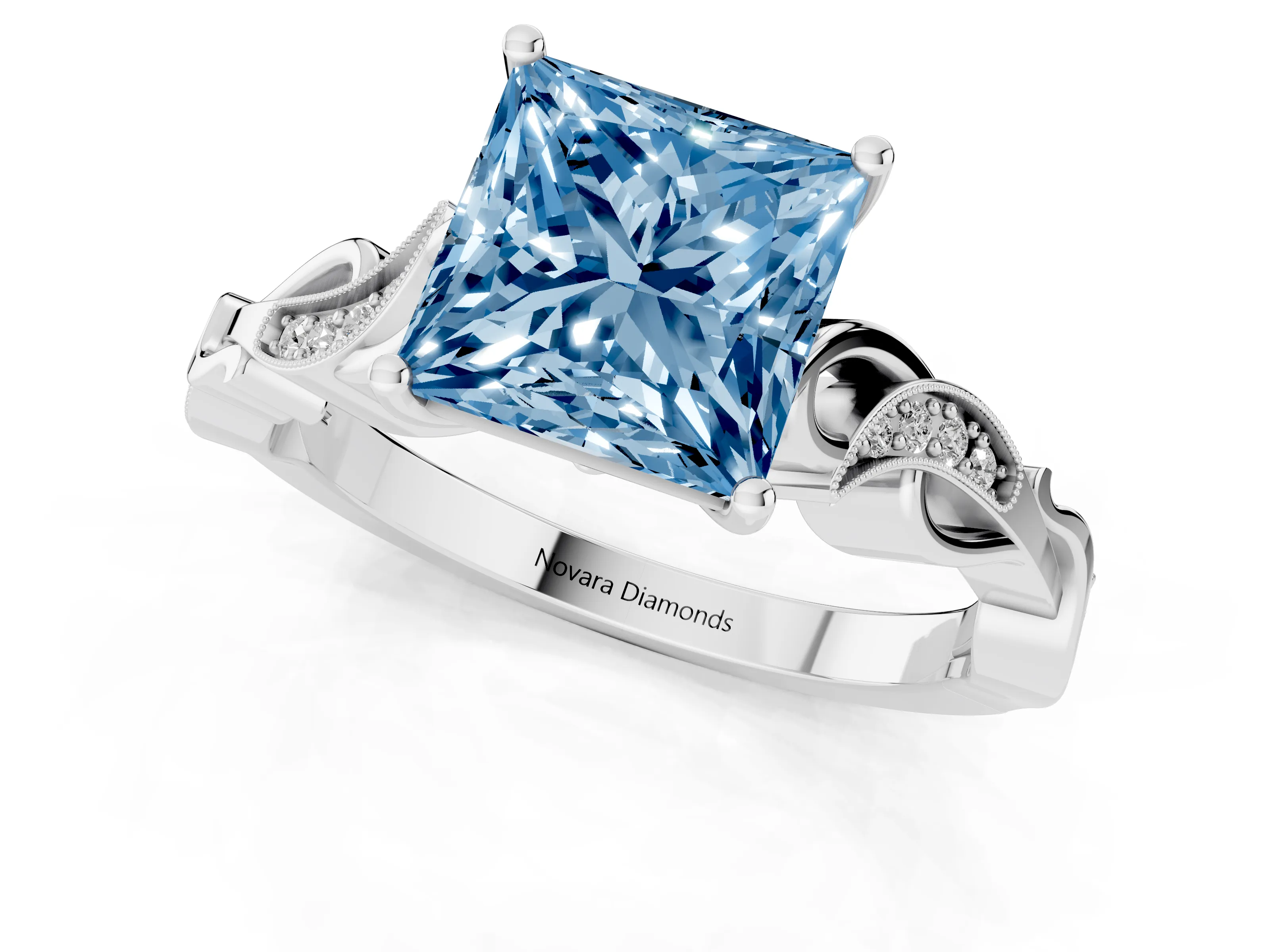 Fancy Blue Princess Cut Diamond Vine Band Solitaire Ring Set in Platinum with Milgrain Prong Setting