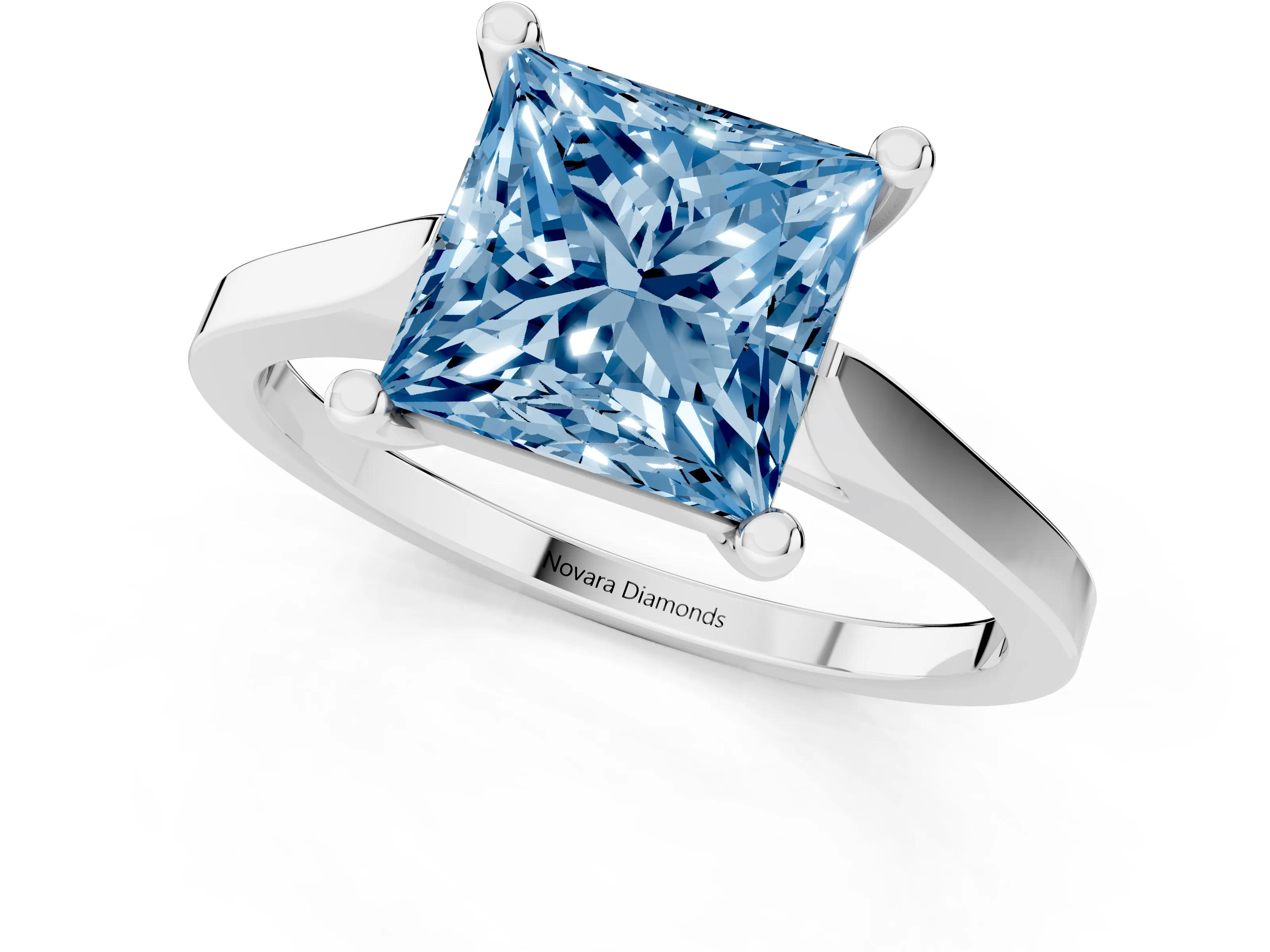 Fancy Blue Princess Cut Diamond Solitaire Ring Set in White gold with Prong Setting and Tapered Band
