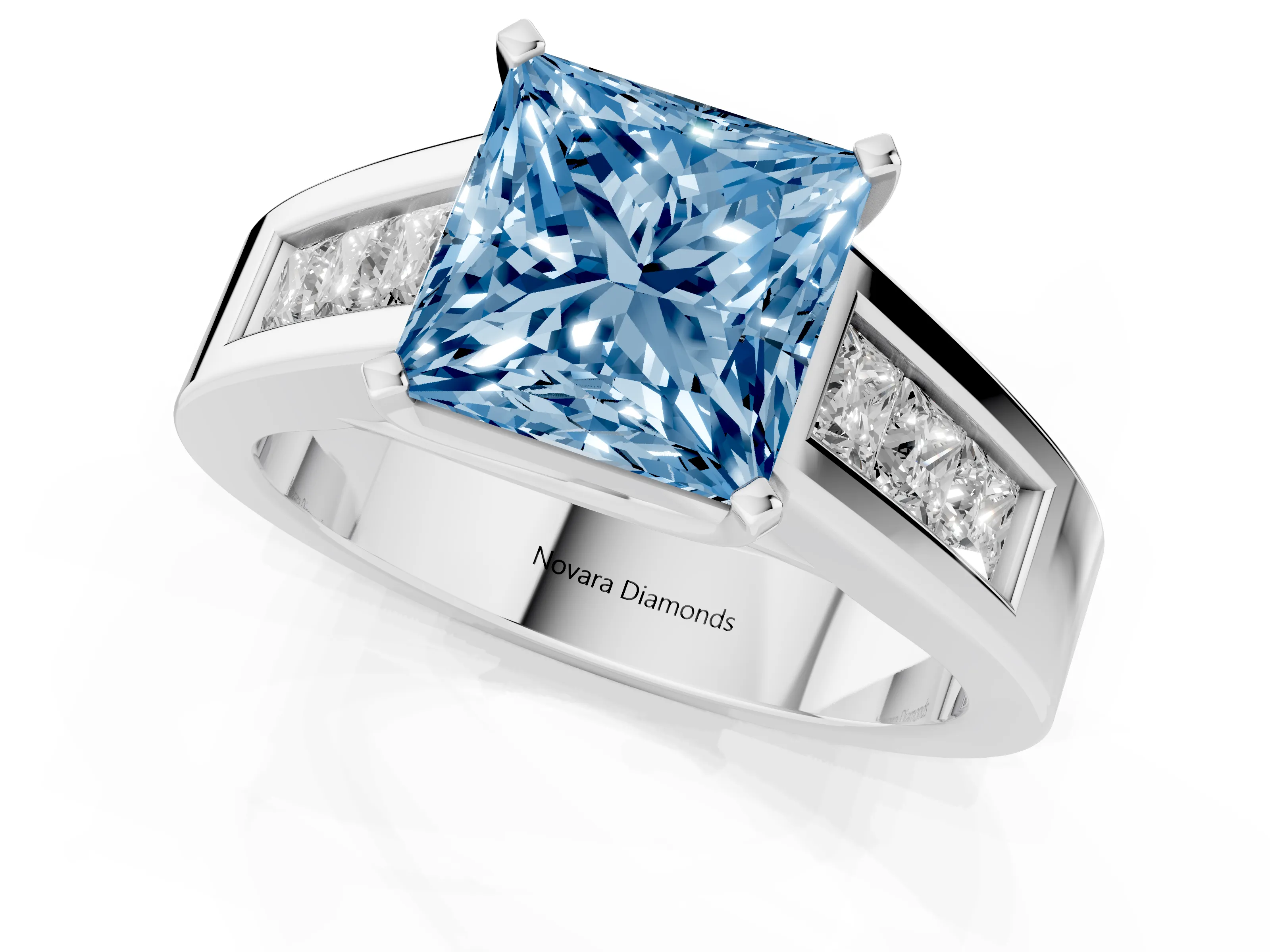 Fancy Blue Princess Cut Diamond Solitaire Ring Set in Silver with Channel-Set Accent Stones and Prong Setting