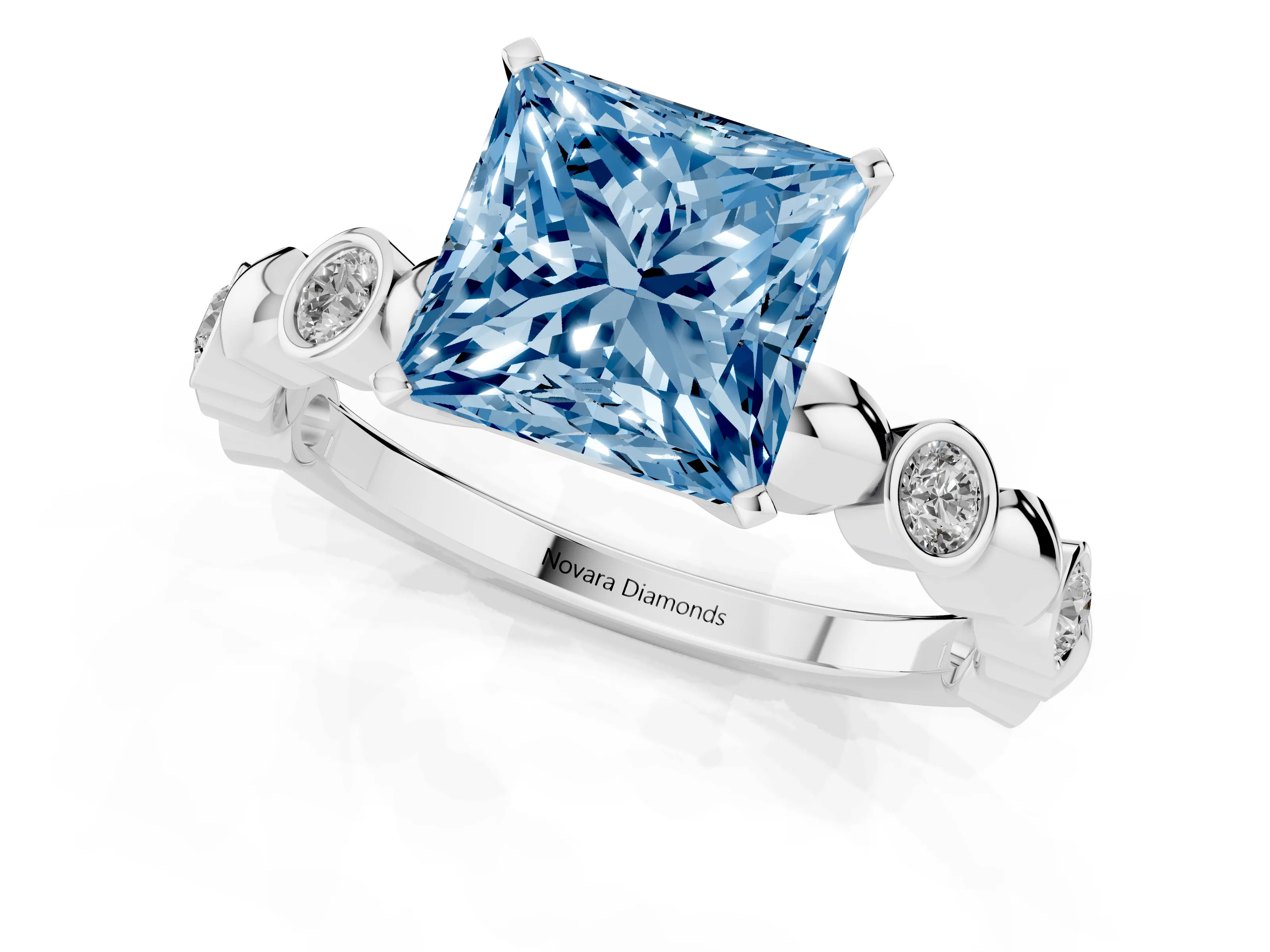 Fancy Blue Princess Cut Diamond Solitaire Ring Set in Silver with Bezel-Set Accents on Beaded Band and Prong Setting