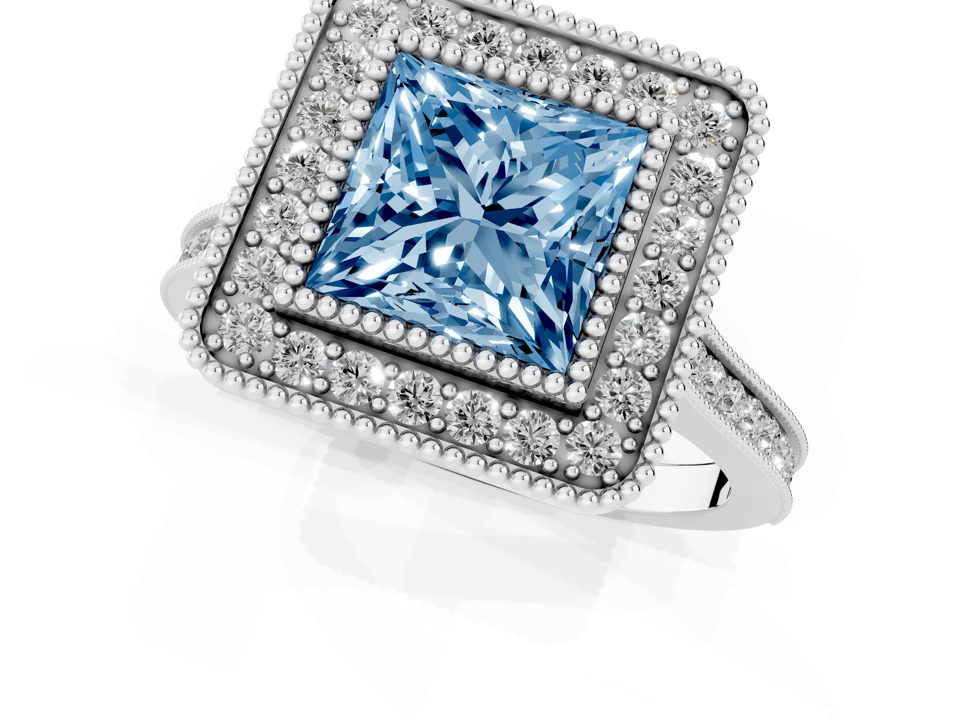 Fancy Blue Princess Cut Diamond Halo Ring Set in Silver with Milgrain Frame and Pavé Band