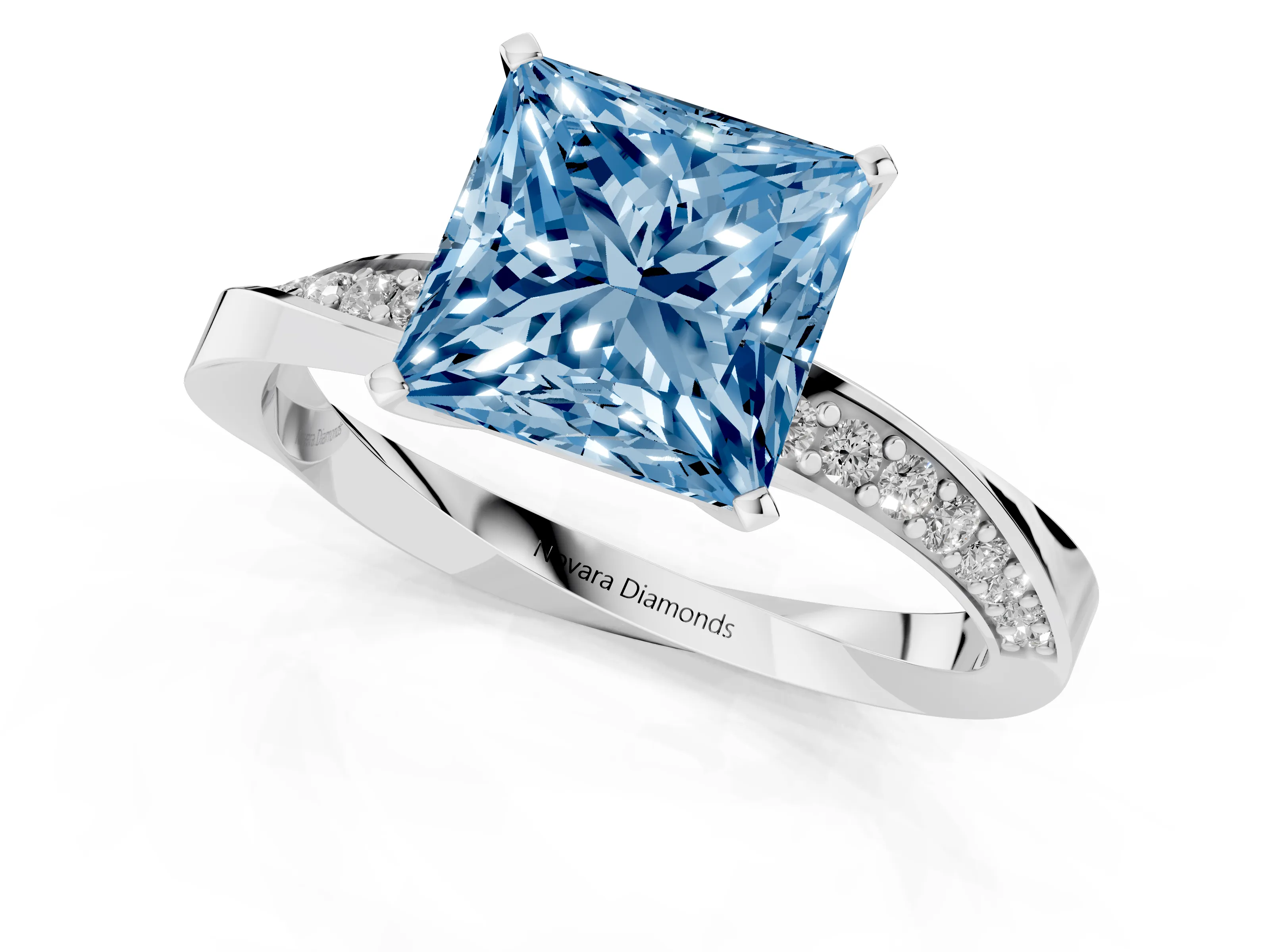 Fancy Blue Princess Cut Diamond Engagement Ring Set in Platinum with Side Stone Accents and Prong Setting – second view