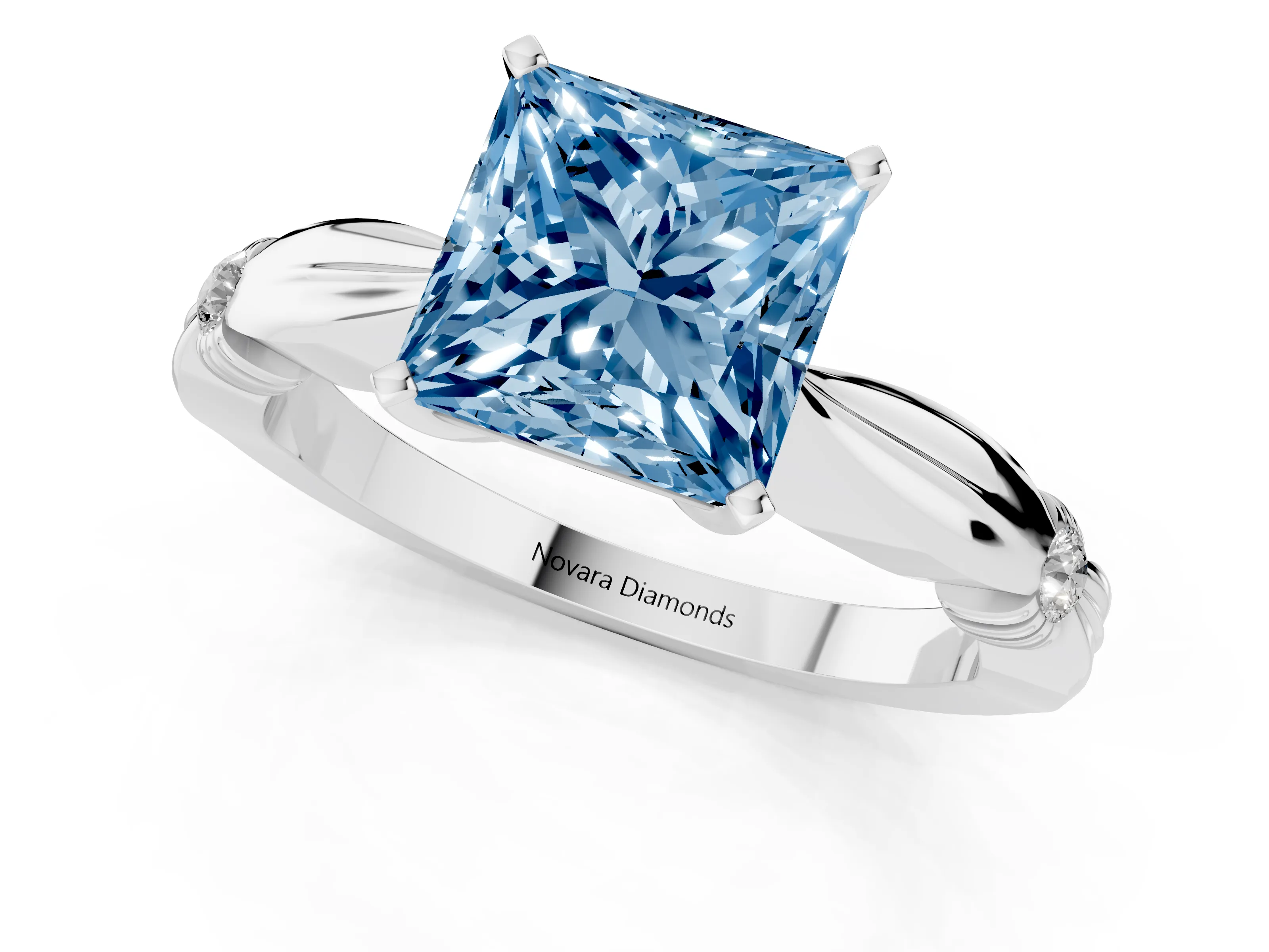 Fancy Blue Princess Cut Diamond Solitaire Twisted Band Ring Set in Silver with Accent Stones and Prong Setting – second view