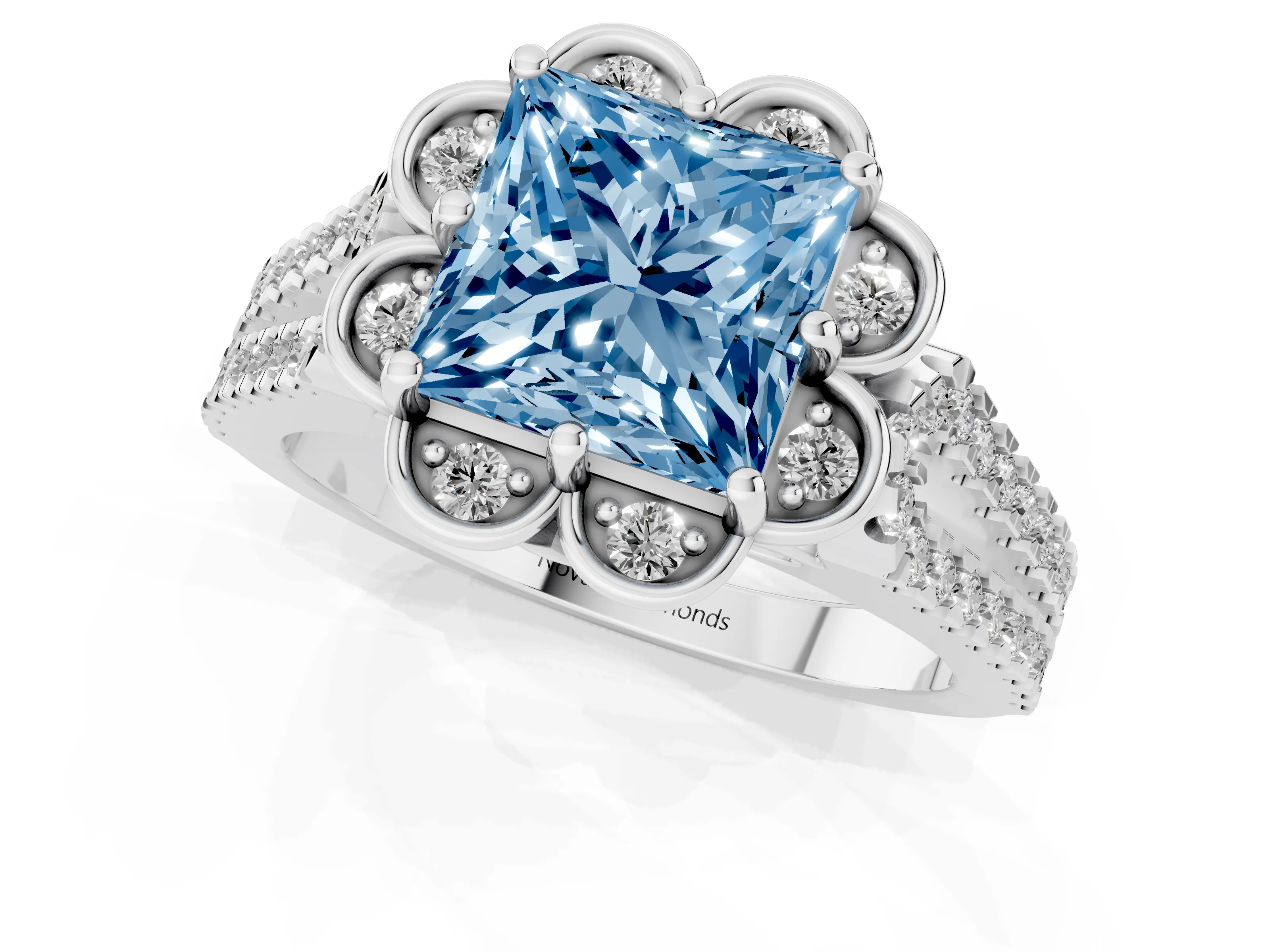 Fancy Blue Princess Cut Diamond Floral Halo Split Shank Engagement Ring Set in Platinum with Pavé Shank