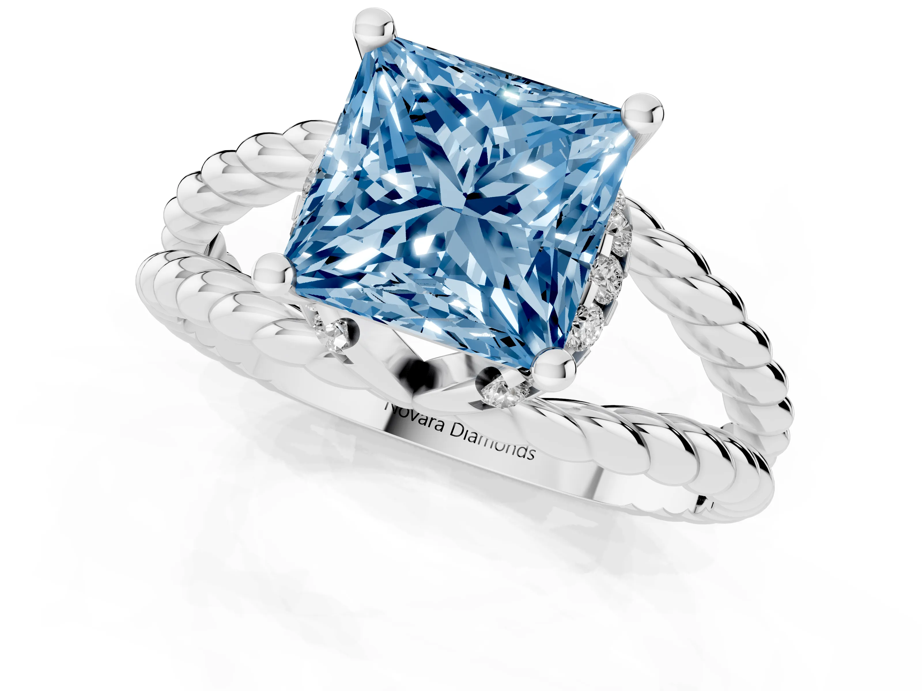 Fancy Blue Princess Cut Diamond Halo Ring Set in White gold with Twisted Band and Prong Setting
