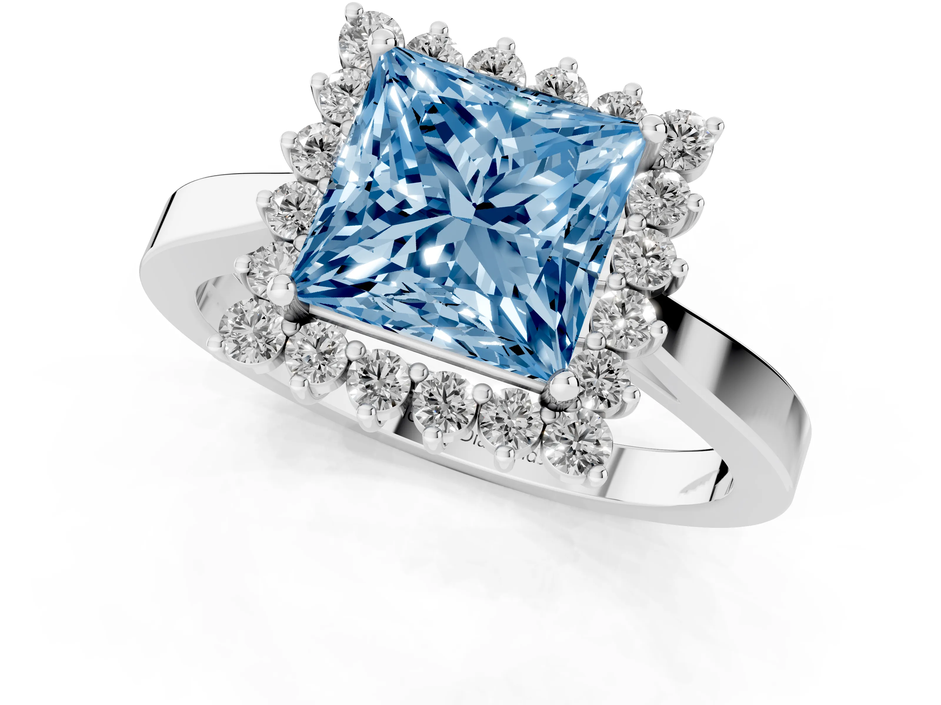 Fancy Blue Princess Cut Diamond Halo Ring Set in Platinum with Round Halo and Smooth Solitaire Band