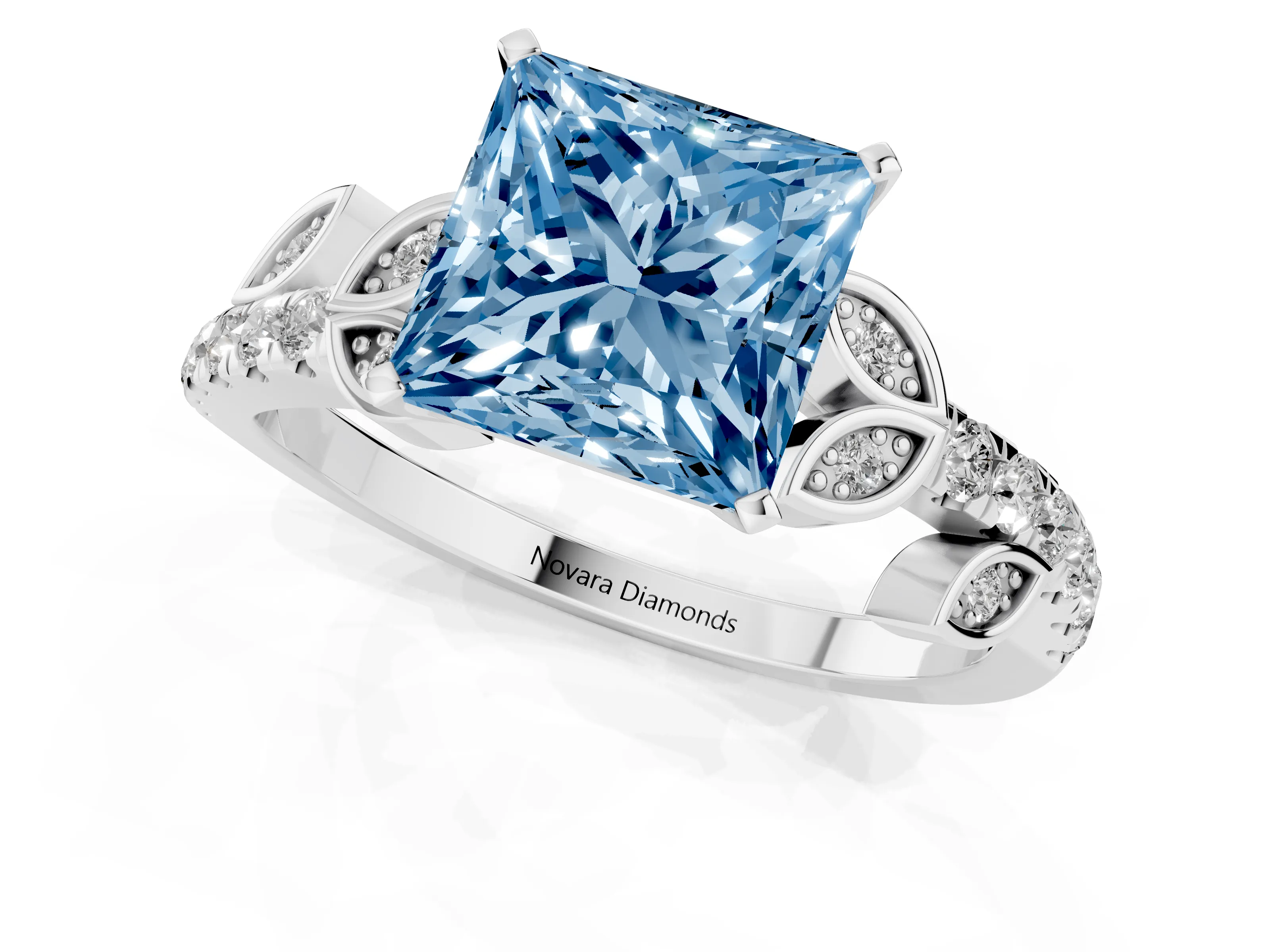 Fancy Blue Princess Cut Diamond Solitaire Leaf-Inspired Ring Set in White gold with Pavé Band and Prong Setting