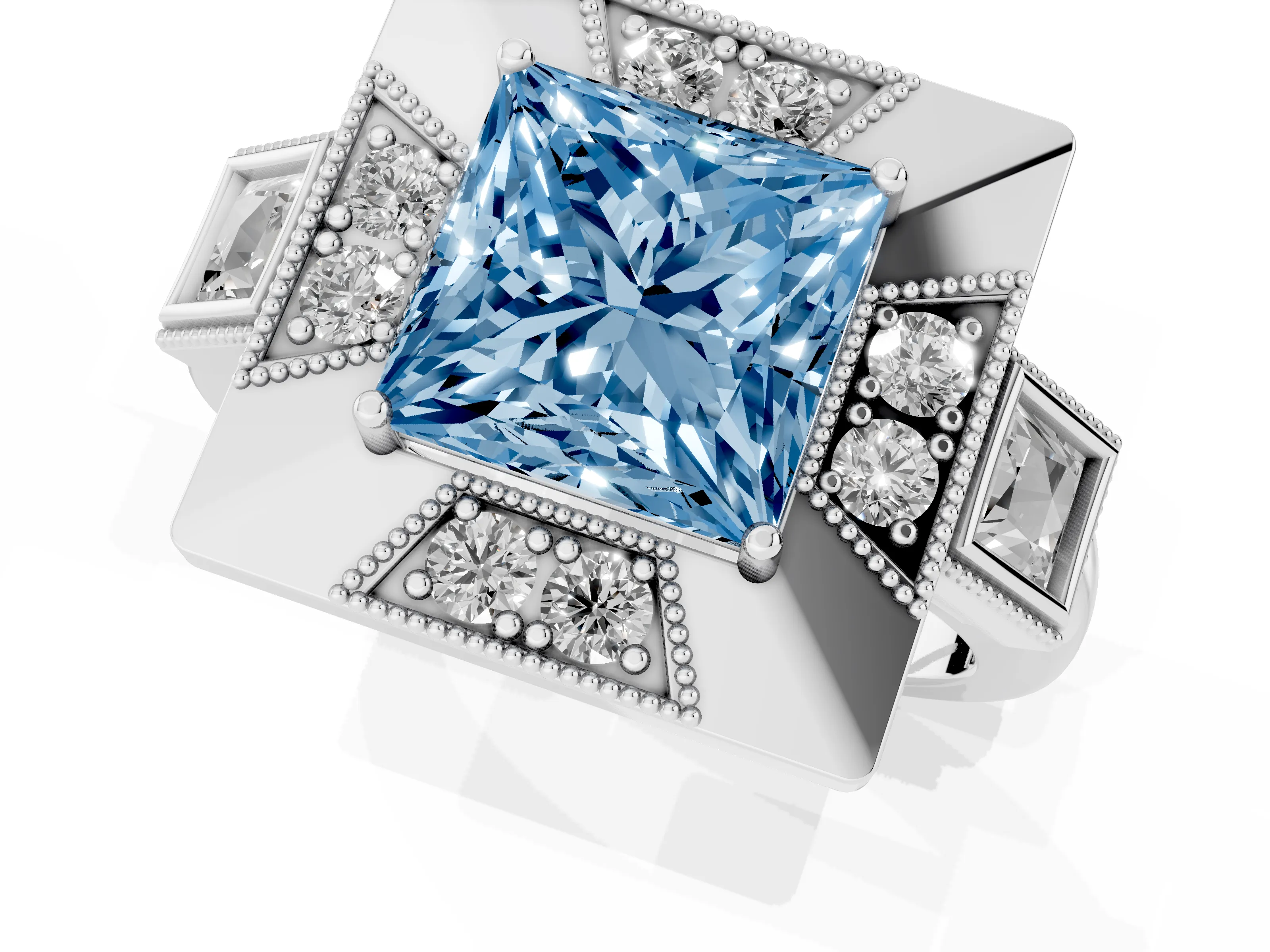Fancy Blue Princess Cut Diamond Milgrain Halo Ring Set in White gold with Split Shank – second view