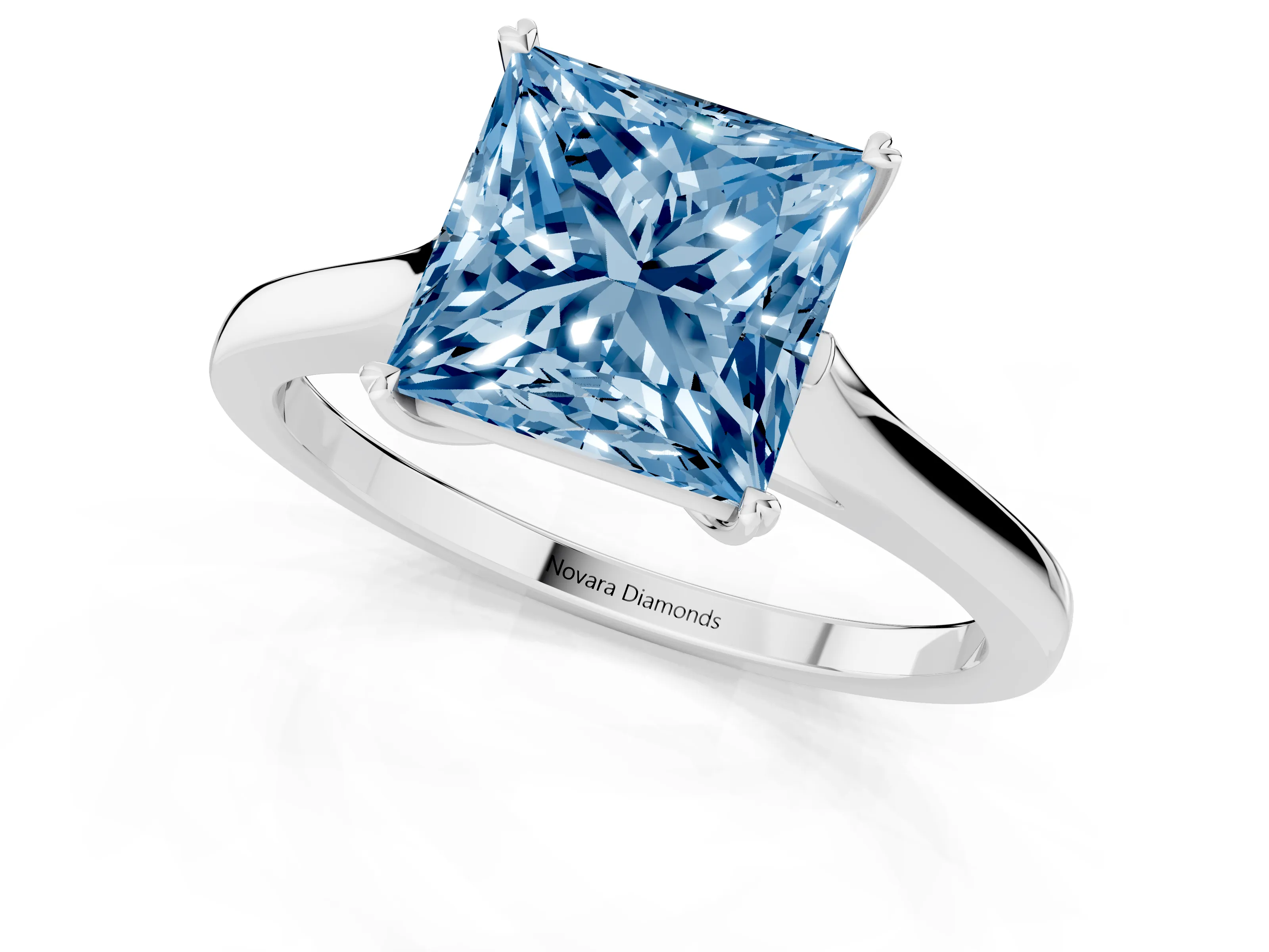 Fancy Blue Princess Cut Diamond Solitaire Heart Prong Engagement Ring Set in Silver with Tapered Band