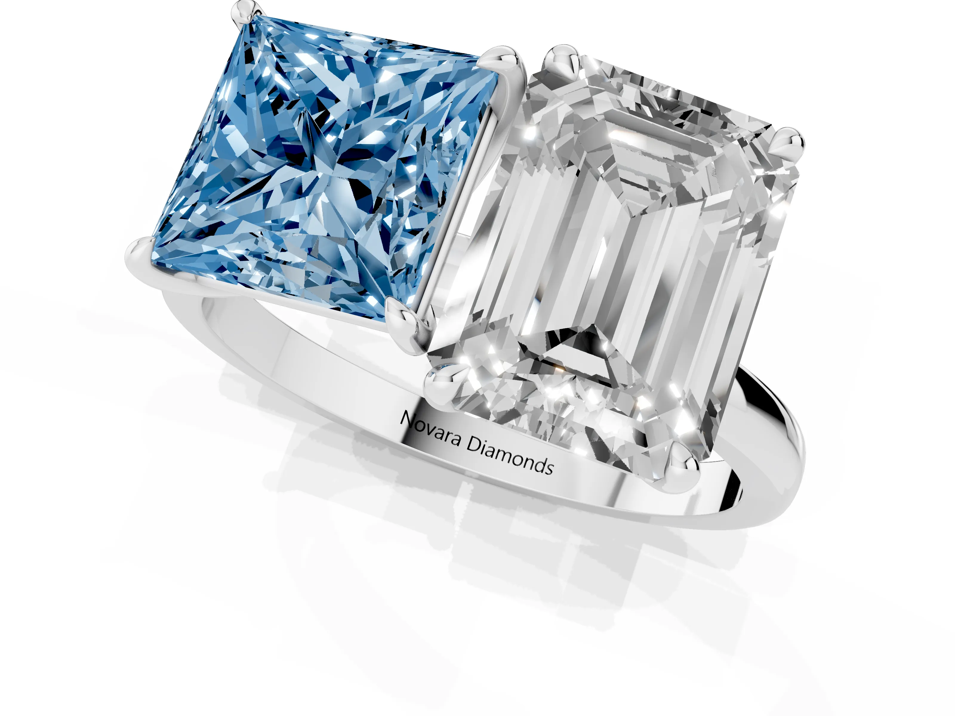 Fancy Blue Princess Cut and Emerald Cut Toi Moi Ring Set in Silver with Prong Setting