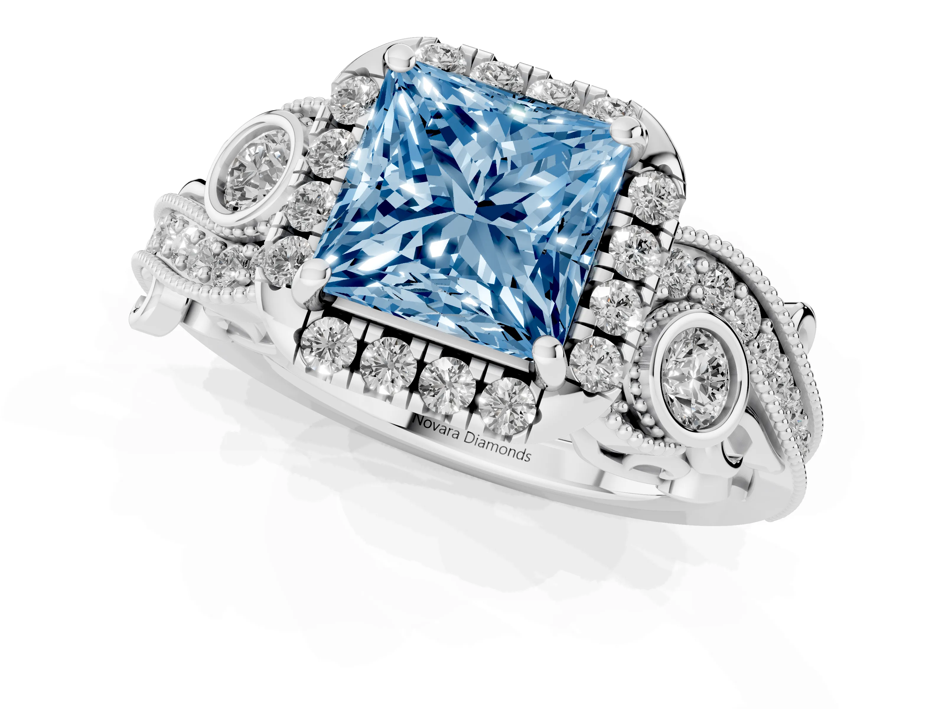 Fancy Blue Princess Cut Diamond Halo Ring Set in Silver with Milgrain Pavé Band and Prong Setting