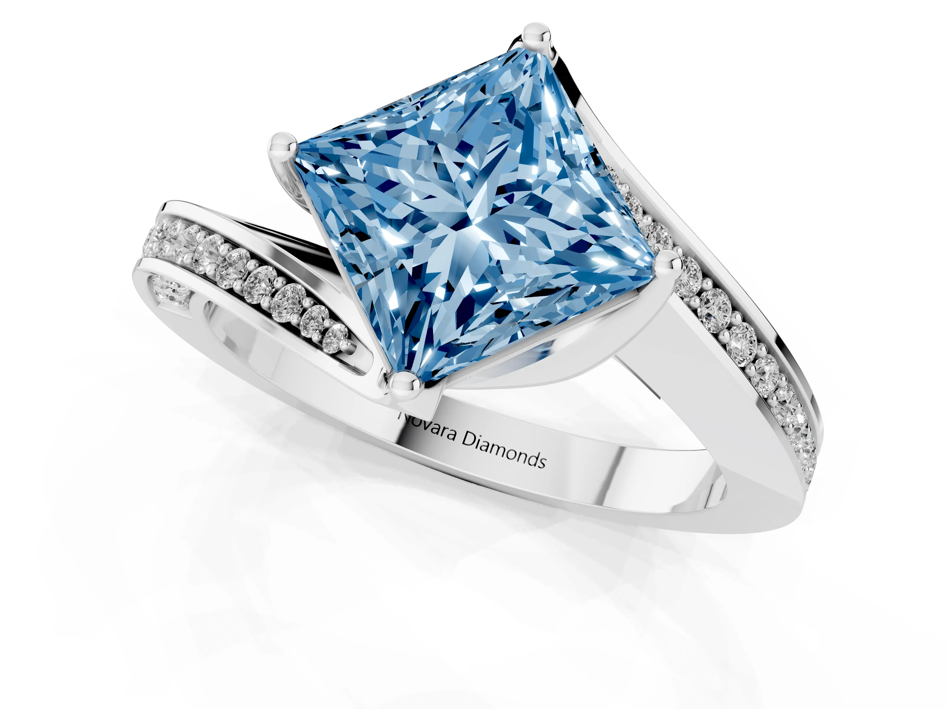 Fancy Blue Princess Cut Diamond Solitaire Ring Set in Platinum with Intertwined Pavé Twist Band
