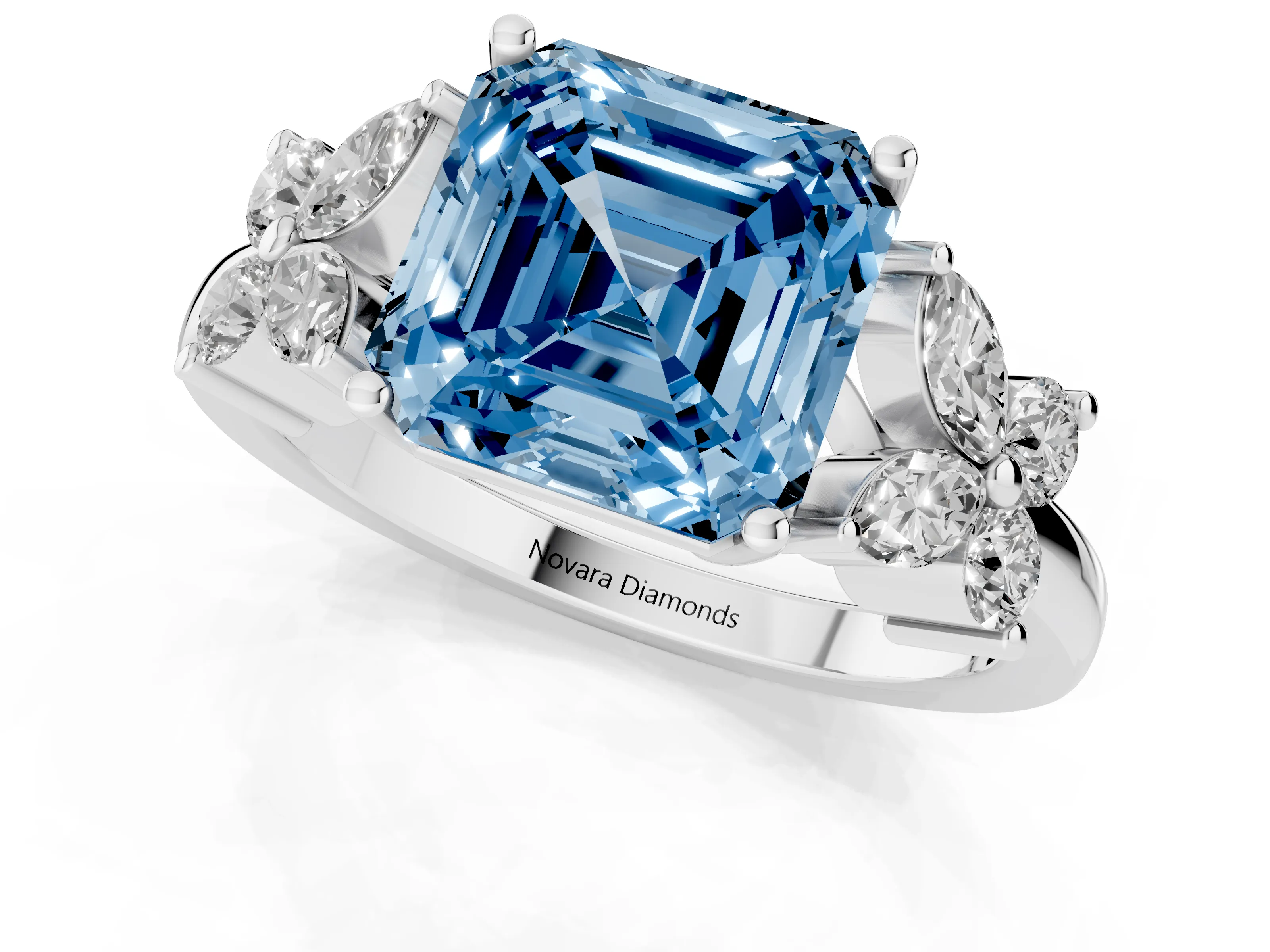 Fancy Blue Princess Cut Diamond Floral Cluster Ring Set in White gold with Marquise Petals and Prong Setting