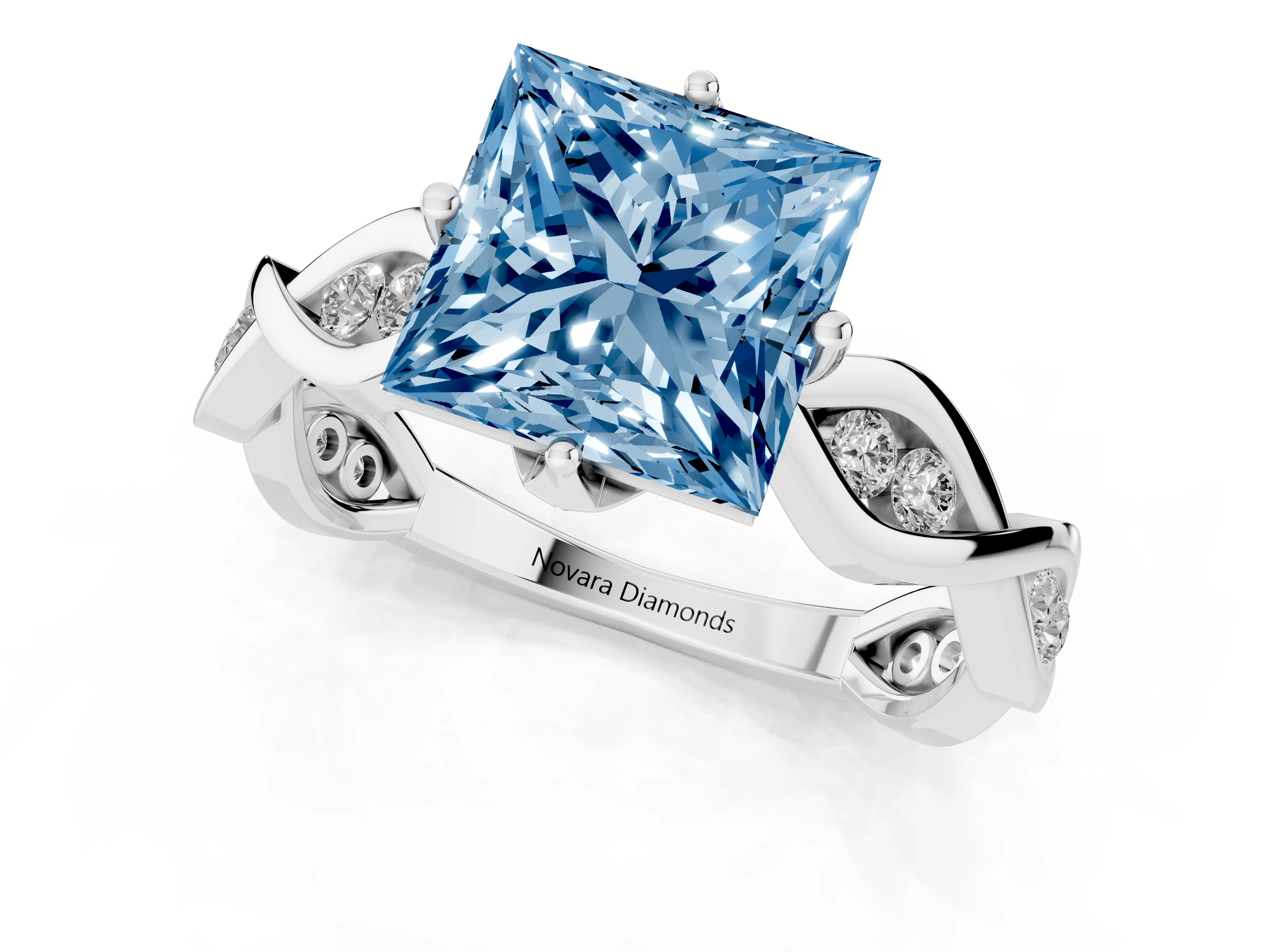 Fancy Blue Princess Cut Diamond Twist Band Solitaire Ring Set in Platinum with Leaf Prong Setting and Accent Stones