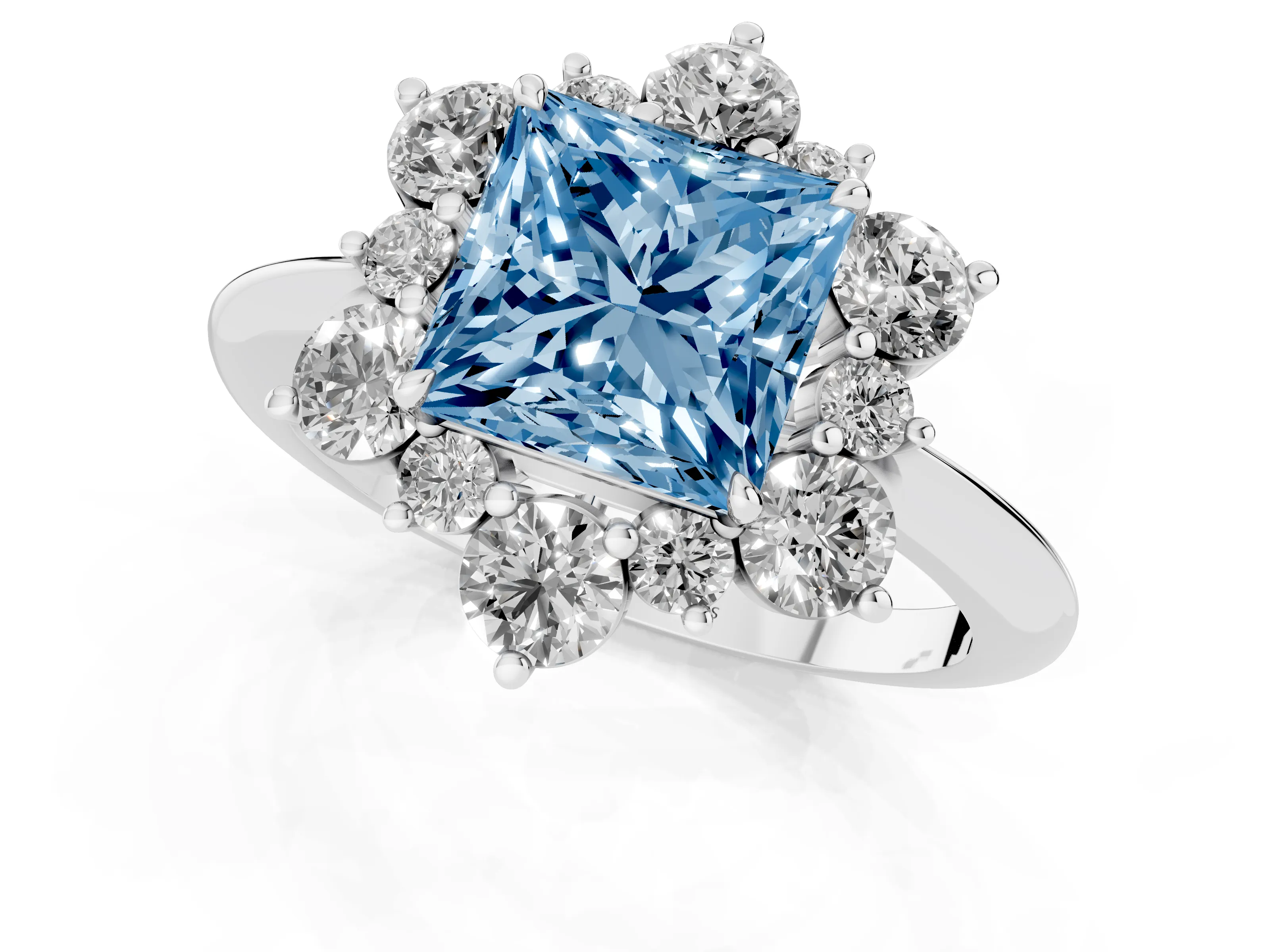 Fancy Blue Princess Cut Diamond Cluster Halo Ring Set in White gold with Solitaire Band and Prong Setting