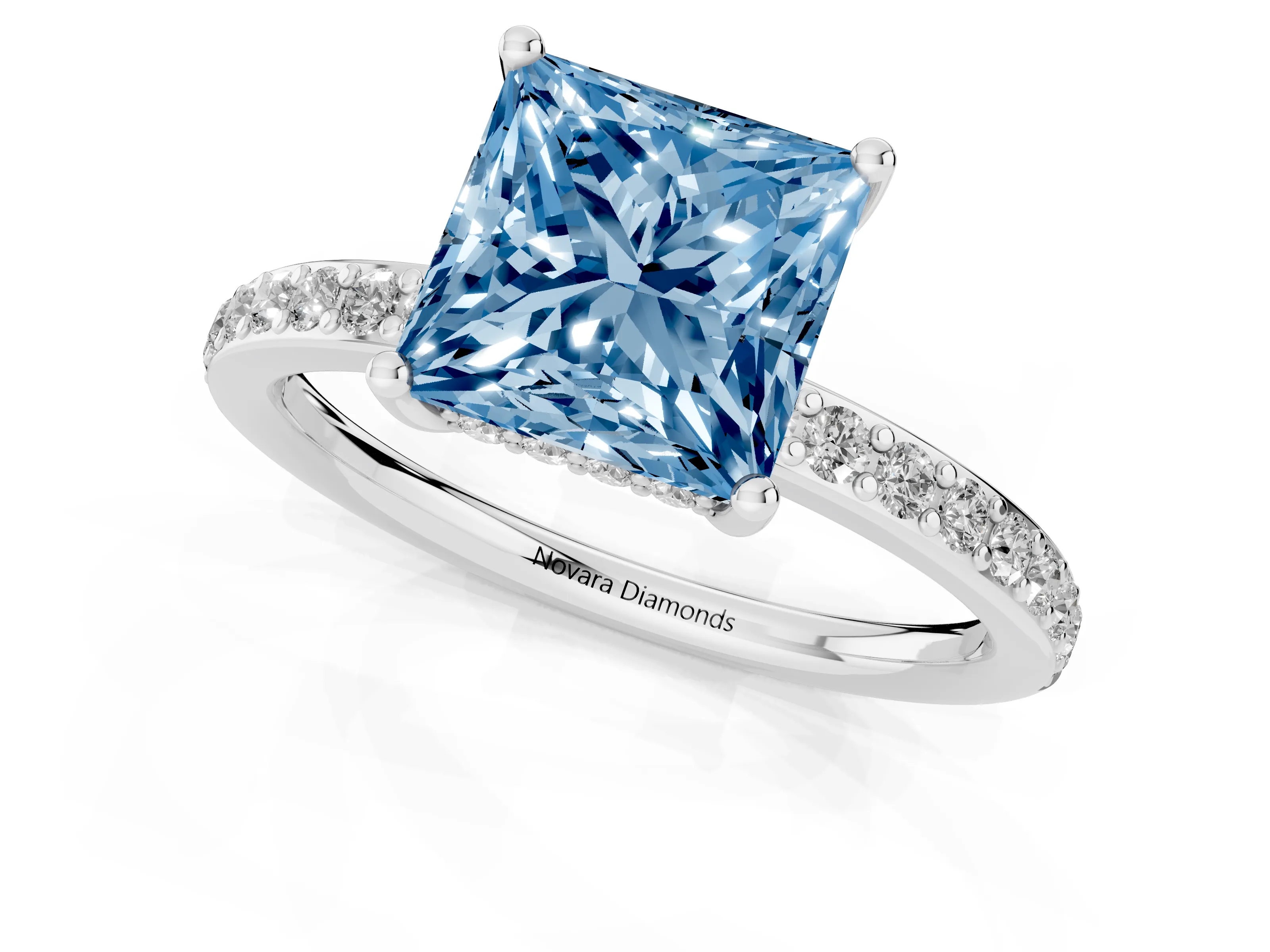 Fancy Blue Princess Cut Diamond Pavé Band Ring Set in White gold with Prong-Set Center Stone