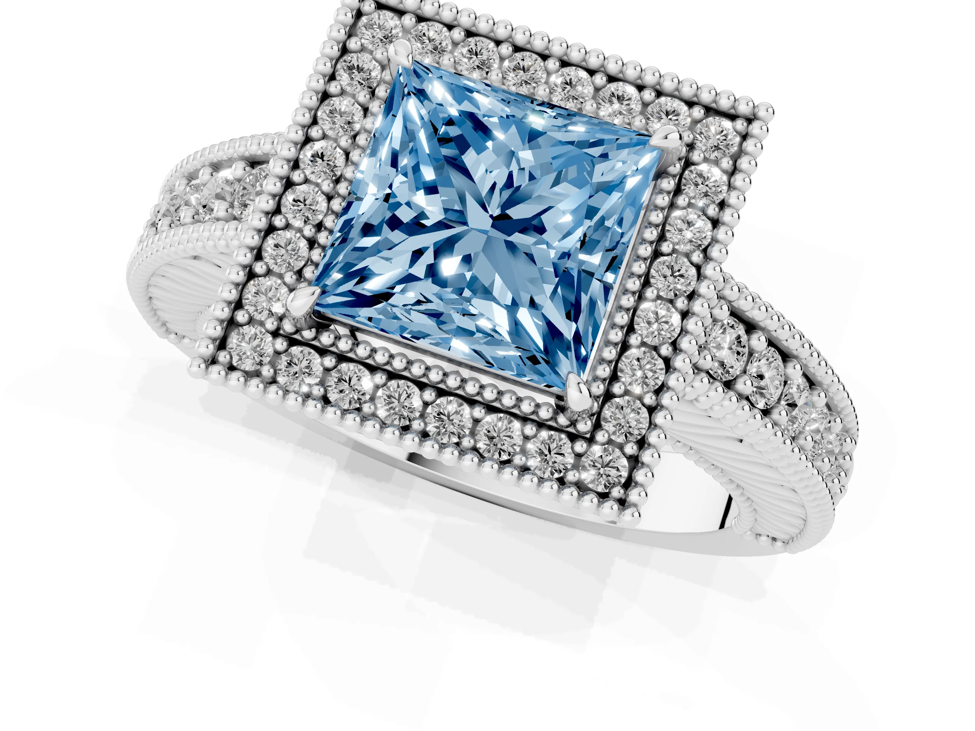 Fancy Blue Princess Cut Diamond Halo Ring Set in White gold with Round Accent Halo, Pavé Band and Prong Setting