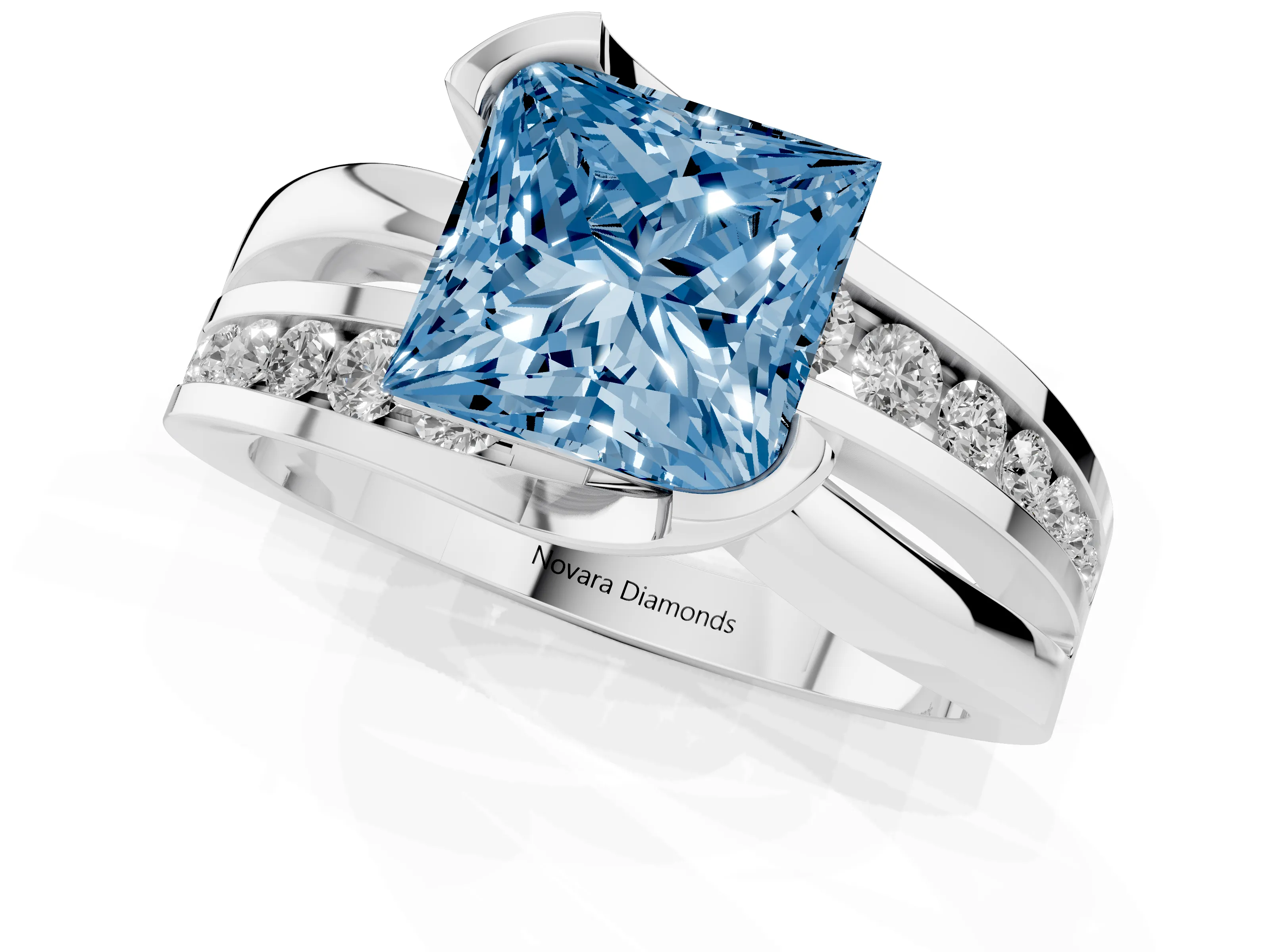 Fancy Blue Princess Cut Diamond Solitaire Ring Set in Silver with Channel Set Split Shank and Tension Prongs